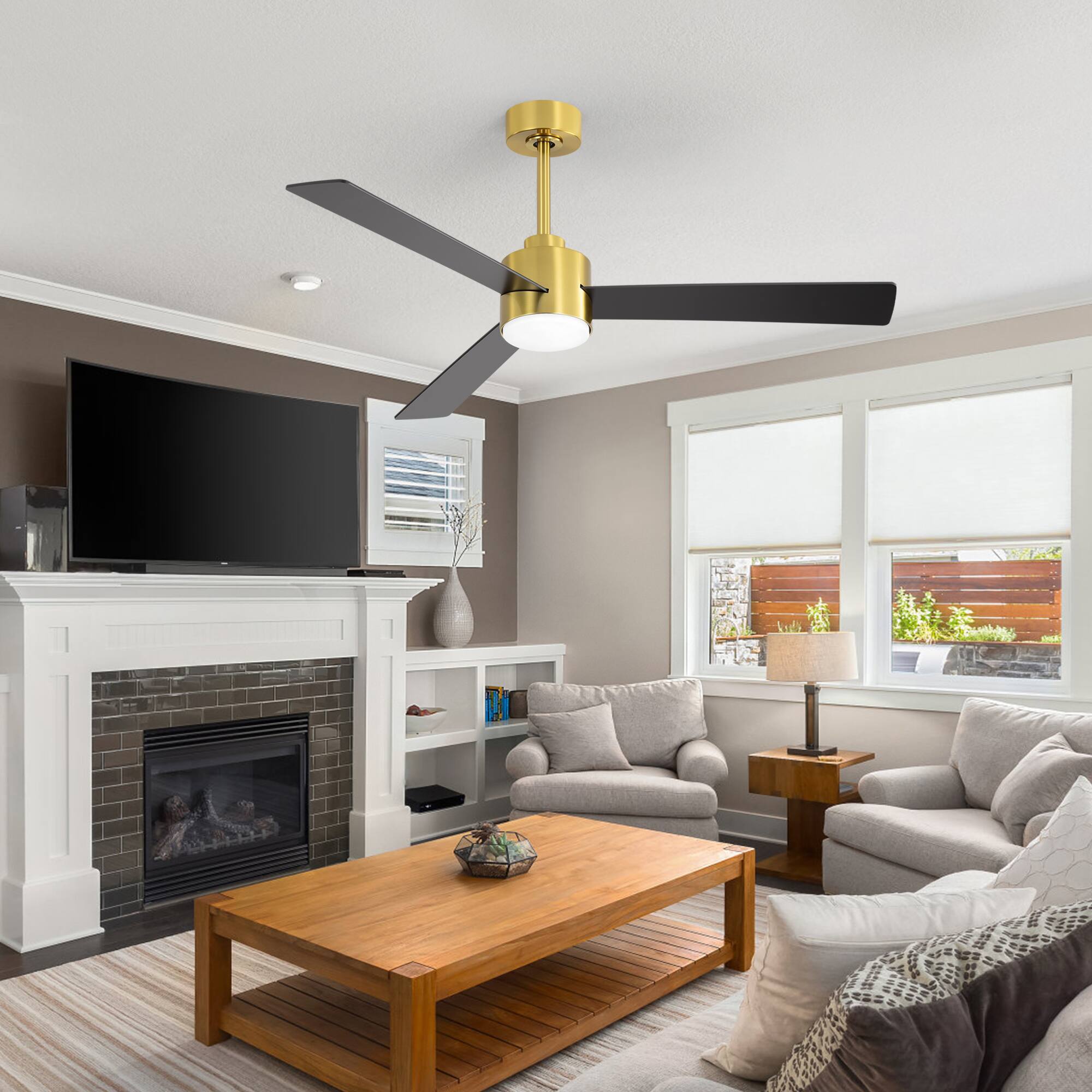 Alt View 8. Breezary - 52" Indoor Ceiling Fan, 3 Plywood Blades, 6-Speed DC Motor, Remote & Timer, 5" & 10" Downrods, LED Light/No Light Option - Gold and Black (With Light).