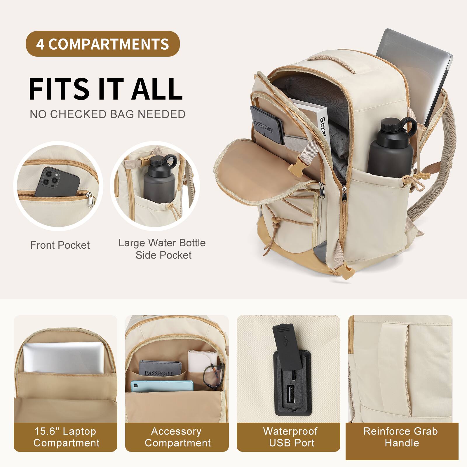 4 COMPARTMENTS  
FITS IT ALL  
NO CHECKED BAG NEEDED  

Front Pocket  
Large Water Bottle Side Pocket  
15.6" Laptop Compartment  
Accessory Compartment  
Waterproof USB Port  
Reinforce Grab Handle