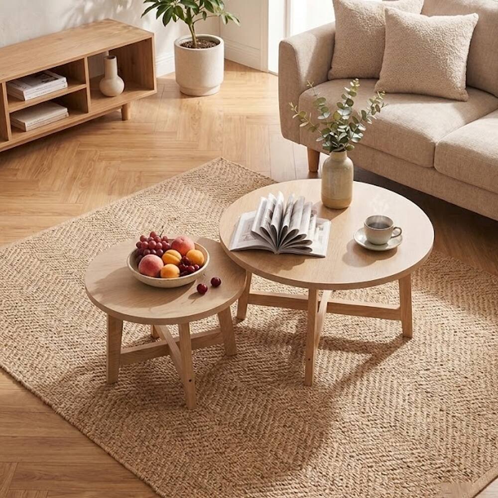 Left. Loheer - Loheer Set of 2 Round Nesting Coffee Tables Natural Wood Finish Stackable End Tables X-Shaped Frame Modern Side Tables - Natural Wood.