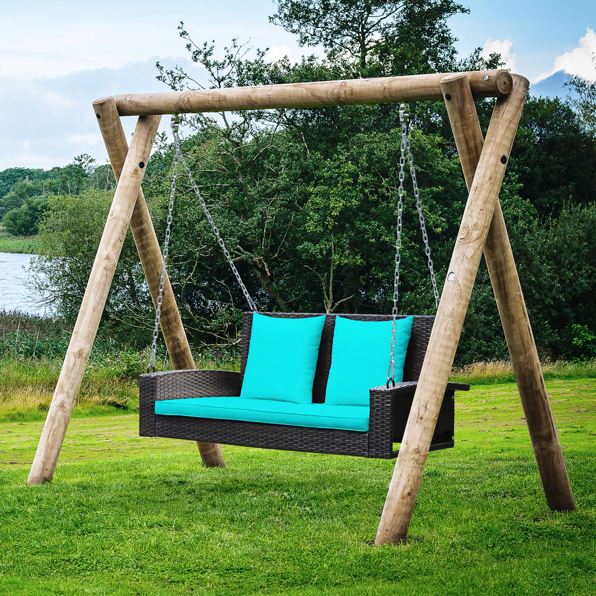 Alt View 4. Costway - Costway 2-Person Patio Rattan Hanging Porch Swing Bench Chair Cushion - Turquoise.