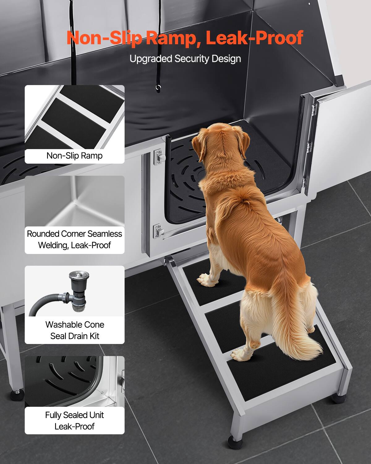 Non-Slip Ramp, Leak-Proof  
Upgraded Security Design  

- Non-Slip Ramp  
- Rounded Corner Seamless Welding, Leak-Proof  
- Washable Cone Seal Drain Kit  
- Fully Sealed Unit Leak-Proof