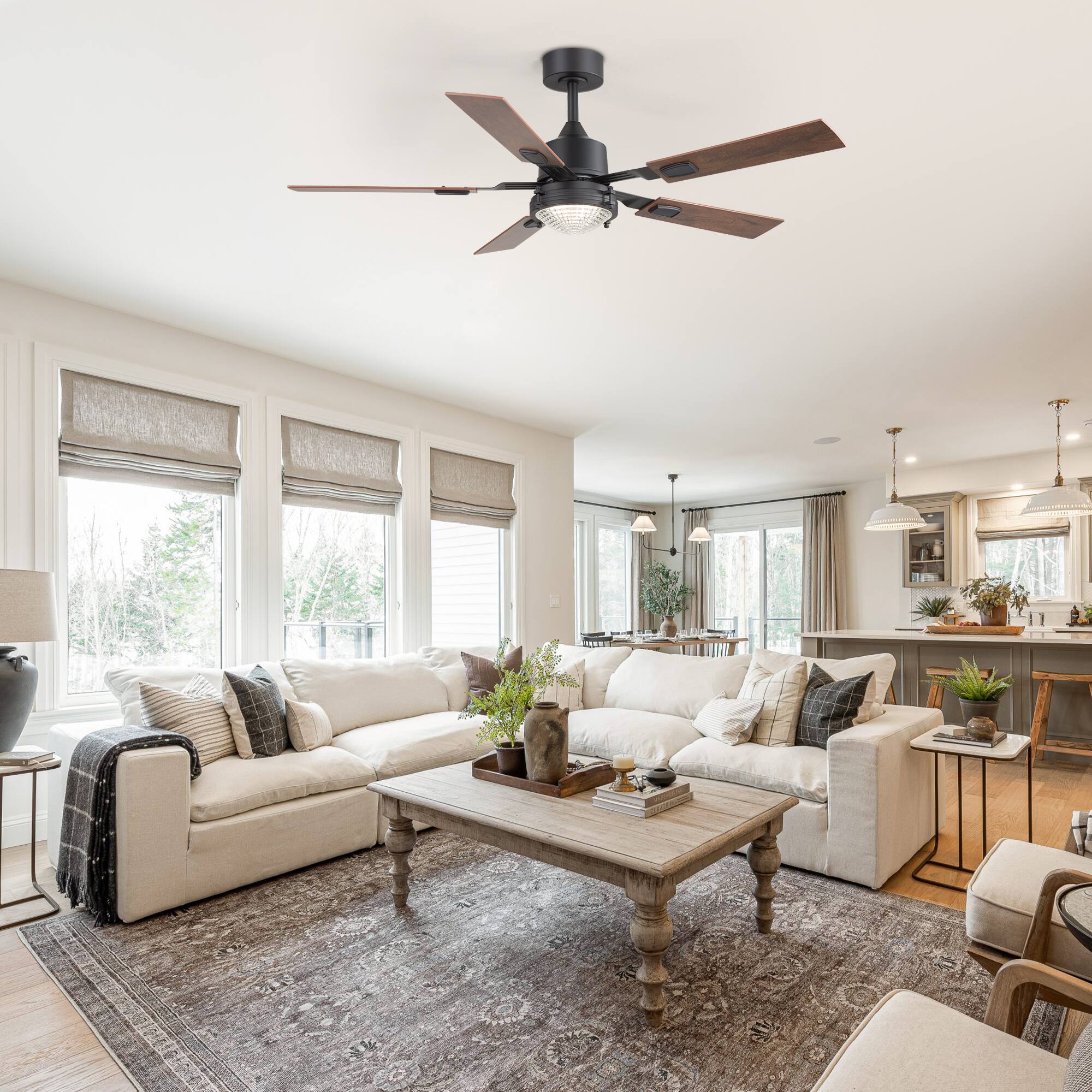 Alt View 1. Breezary - 52-in Indoor Large LED Ceiling Fan with 6-Speed Reversible Motor, 3-Color Light, 6'' Downrod, with Remote - Matte Black.