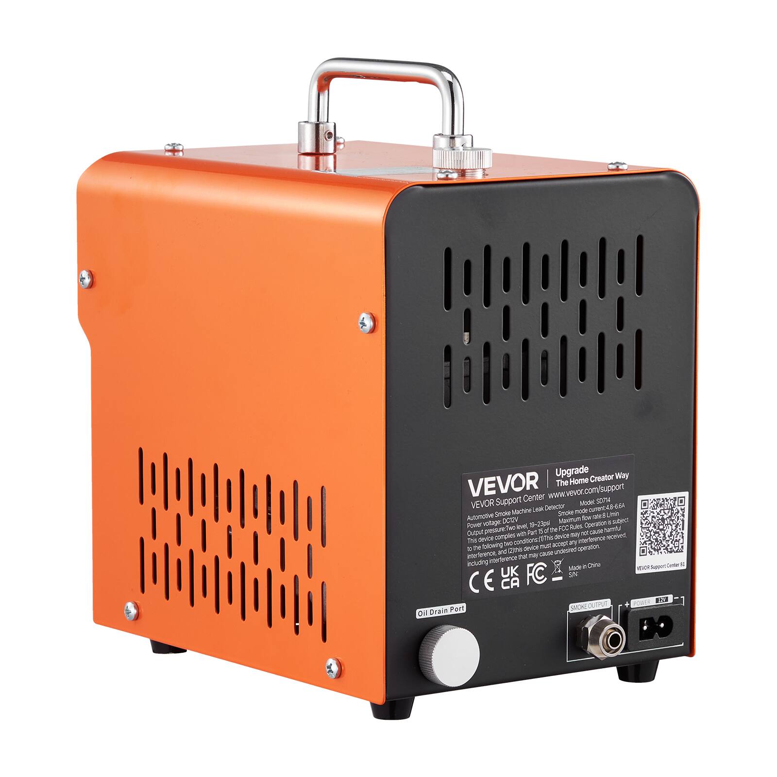 Upgrade Creator Way  
VEVOR  
The Home  
www.vevor.com/support  

Support Center  

Model: S078-6 GA  

Automatic Smoke Machine, Smoke Generator  

Smoke Machine:  
- Smoke output: 8 Liters/minute  
- Power: 110V/60Hz, 1200W  
- Maximum Operation: 19-23m³  
- Maximum Power: 1200W  
- Maximum Pressure: 1 bar  
- The device complies with device and FCC Rules.  

This device is equipped with a smoke detector (The detector detects smoke and automatically shuts off the device to prevent interference, and 160 dB noise caused by undersized operation).  

Made in China  

CE, FCC  

VEVOR Support Center  

01 Oil Drain Port  

Smoke Outlet  

Power  

Made in China  

VEVOR Support Center