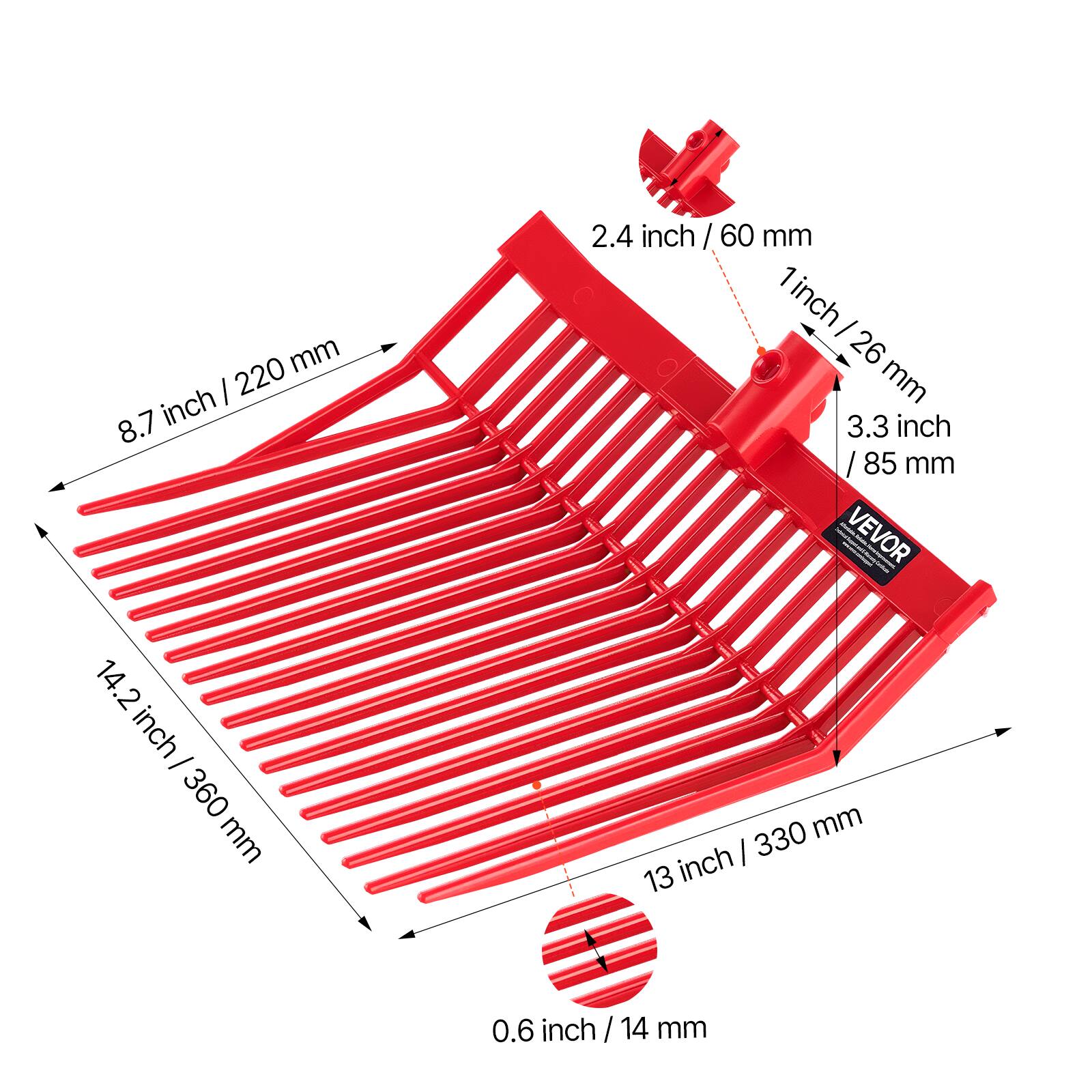 - 8.7 inch / 220 mm
- 14.2 inch / 360 mm
- 13 inch / 330 mm
- 2.4 inch / 60 mm
- 1 inch / 26 mm
- 3.3 inch / 85 mm
- 0.6 inch / 14 mm