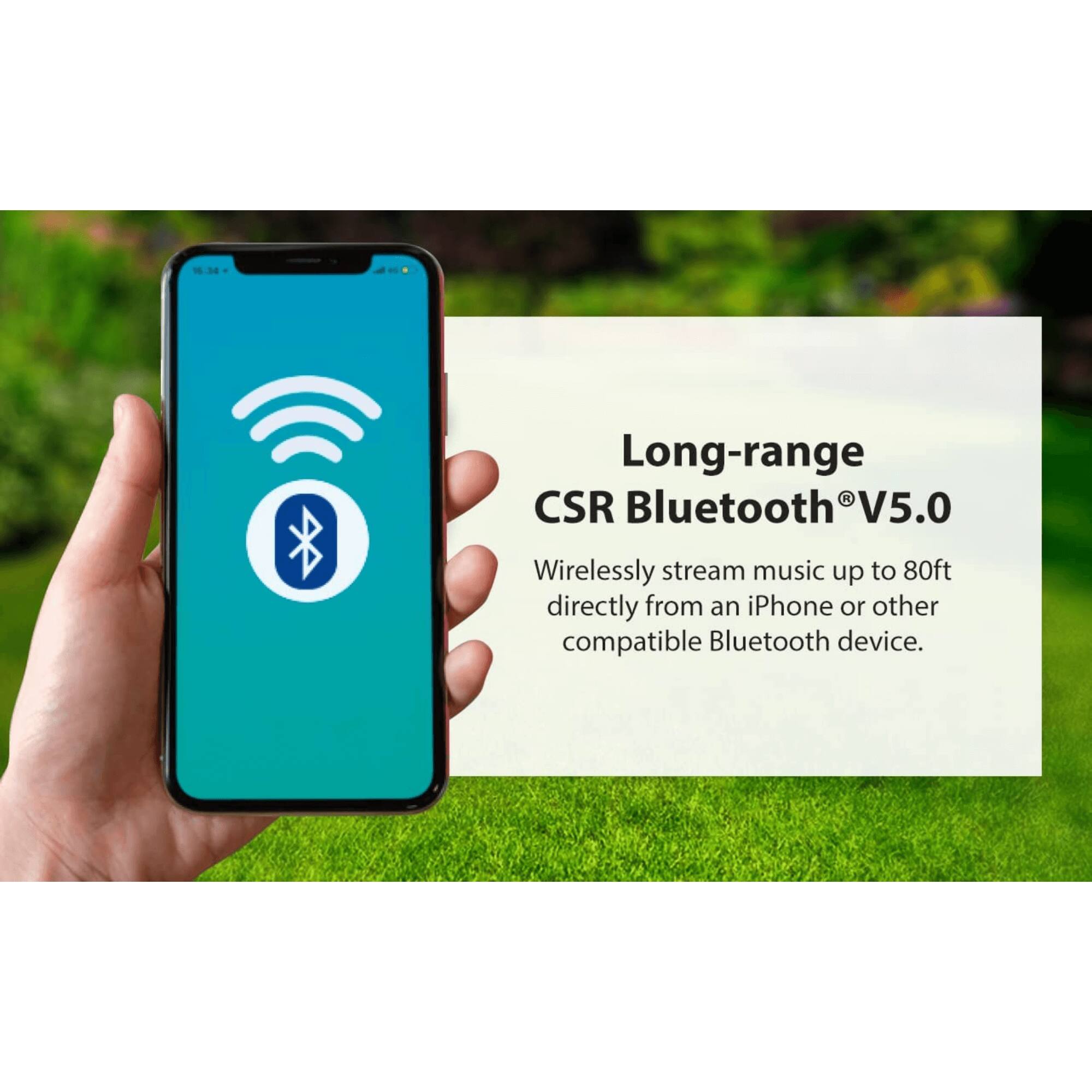 Long-range CSR Bluetooth® V5.0

Wirelessly stream music up to 80ft directly from an iPhone or other compatible Bluetooth device.