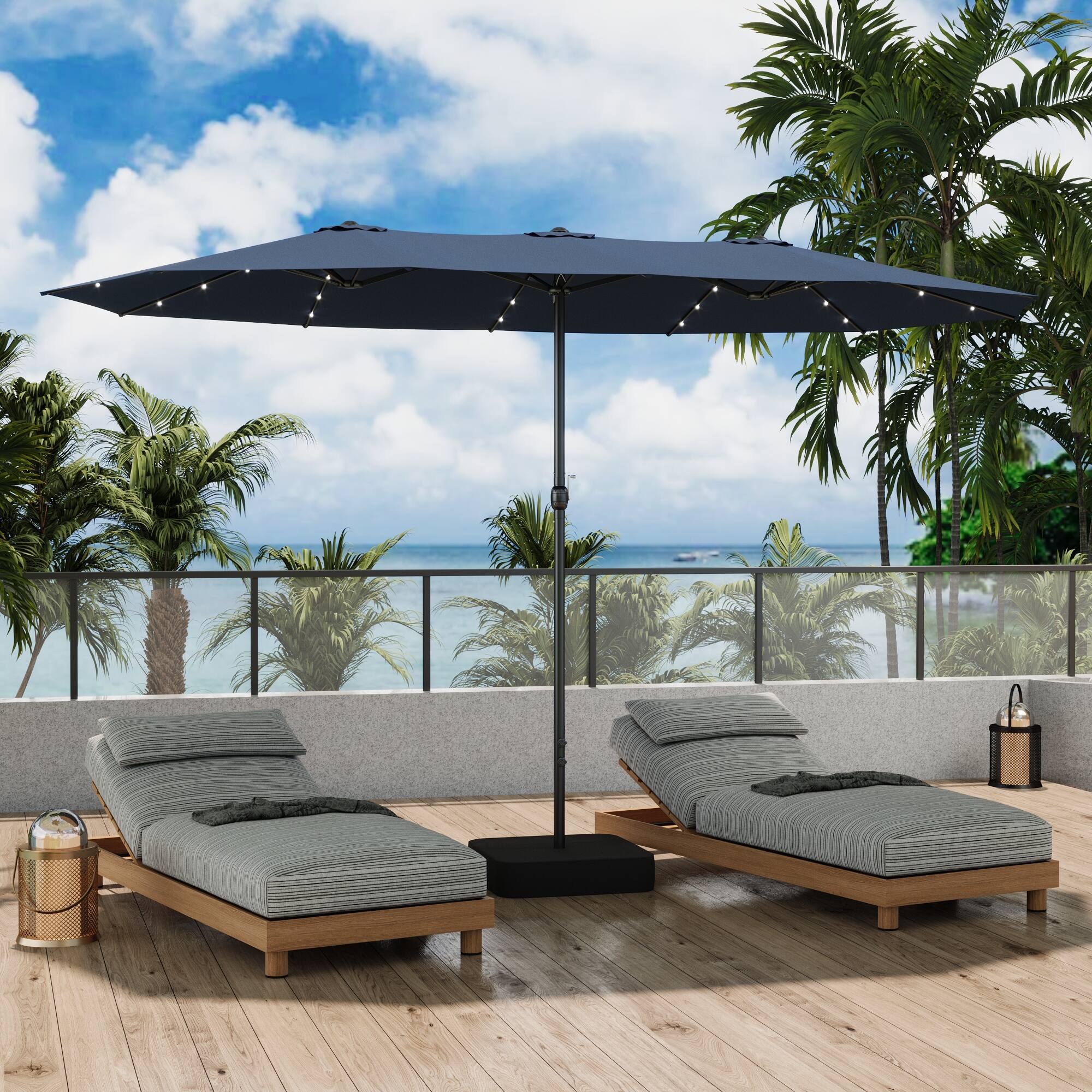 Left. Famapy - Large Rectangular Outdoor Patio Umbrella with Integrated Edge LED Lights Day-to-Night Shade Multiple Colors - Navy blue.