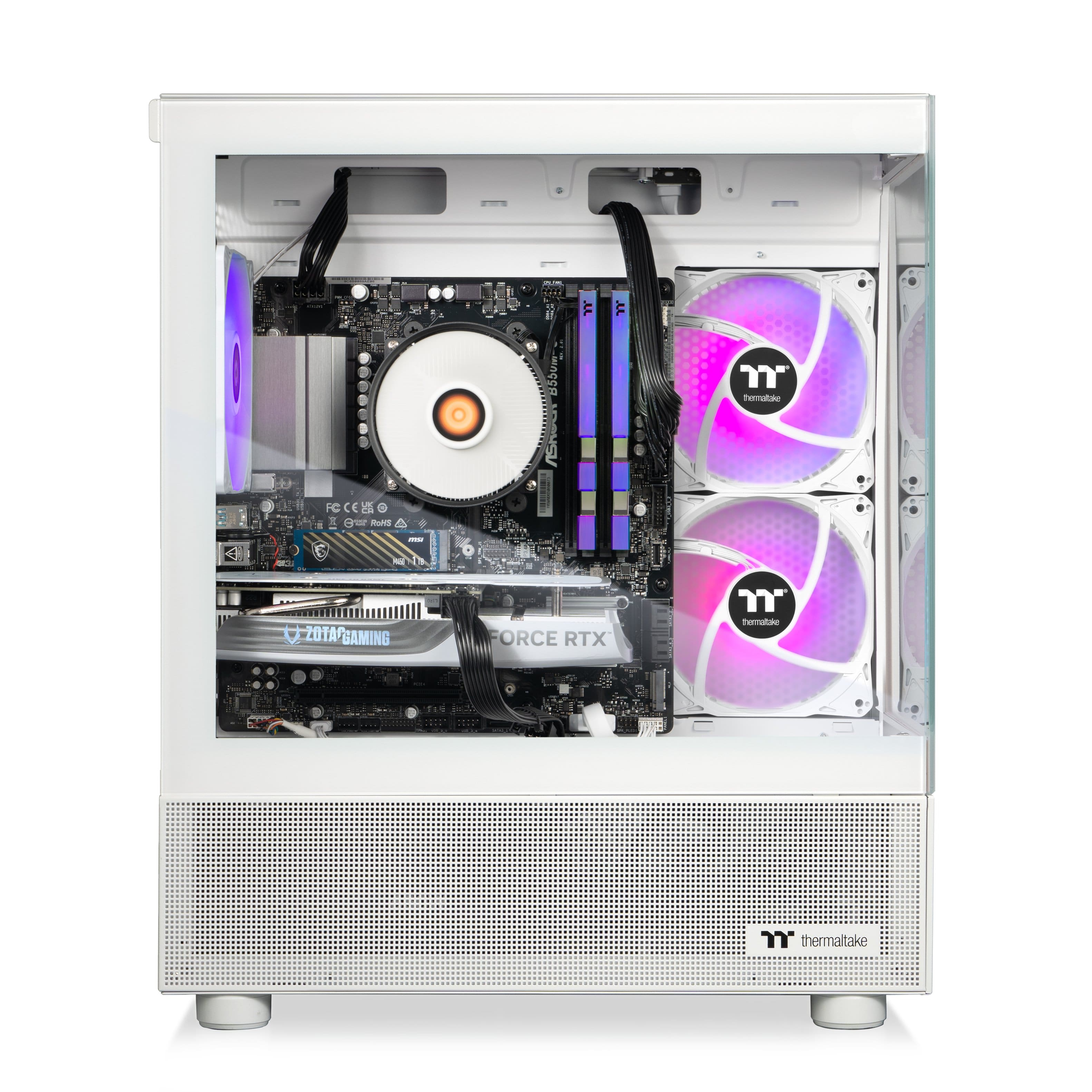 The text on the image reads: "Thermaltake Core X5, Force RTX, Female, 3.0, Zotac Gaming."