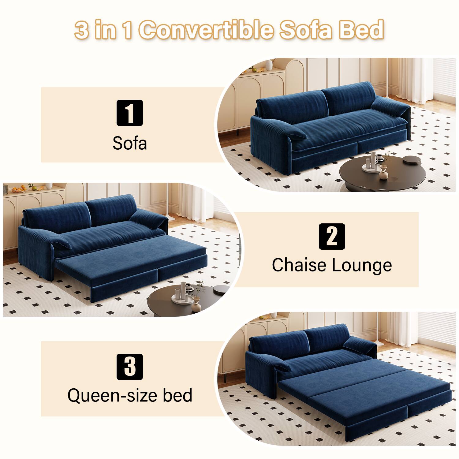 3 in 1 Convertible Sofa Bed: 1 Sofa, 2 Chaise Lounge, 3 Queen-size bed.