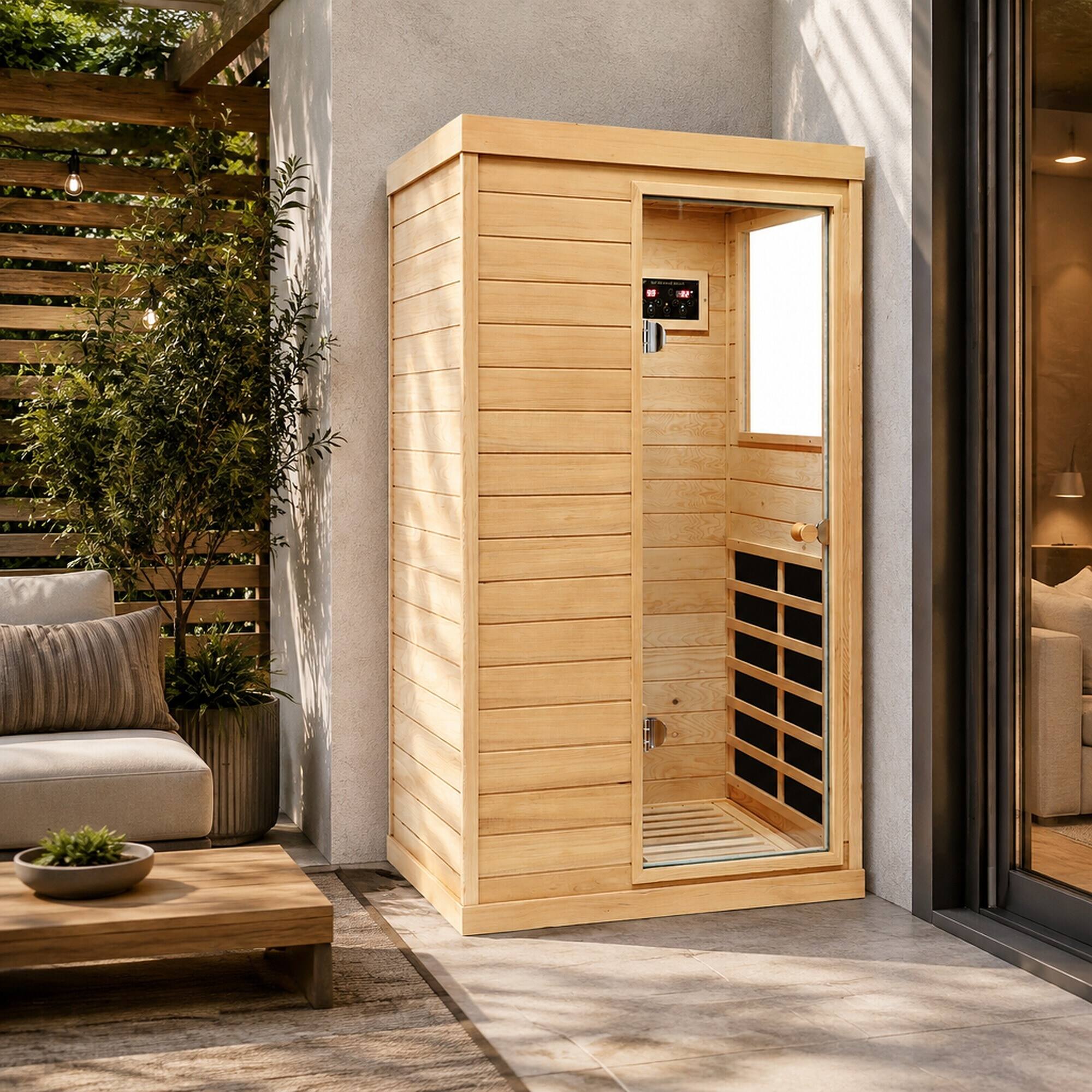 Left. RYHNUYNE - Hemlock Mini 1-Person Far Infrared Sauna, Right-Hinged Door, 1050W, 6 Heating Panels, Indoor - Natural.