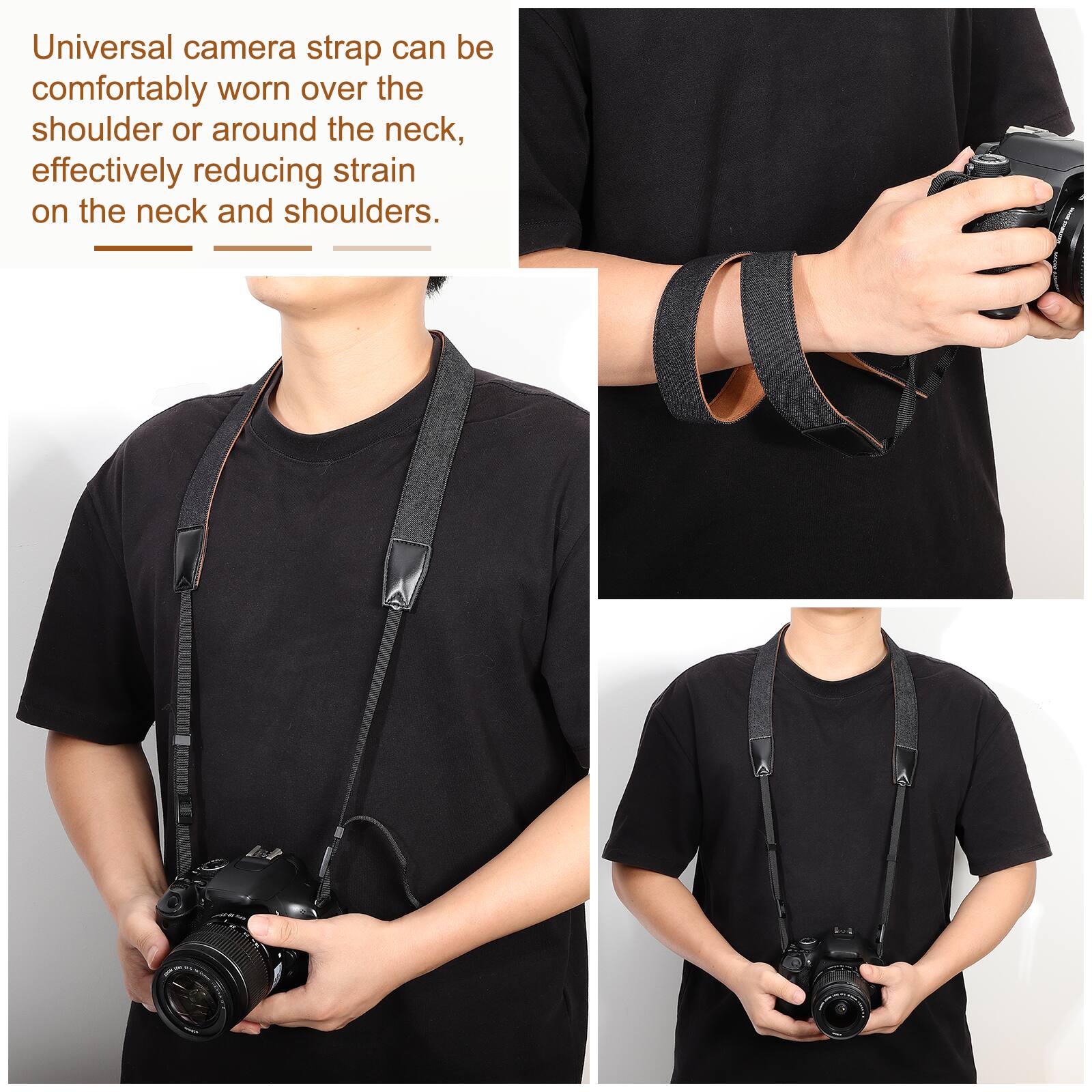 Universal camera strap can be comfortably worn over the shoulder or around the neck, effectively reducing strain on the neck and shoulders.