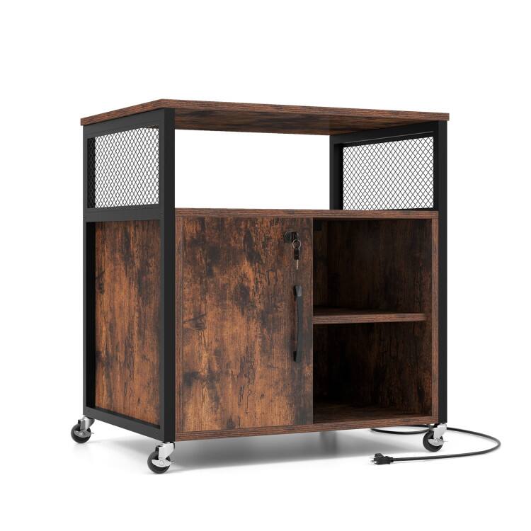 SlickBlue - Portable File Cabinet with Charging Station and Cable Management Hole – Rolling Storage for Office - Brown