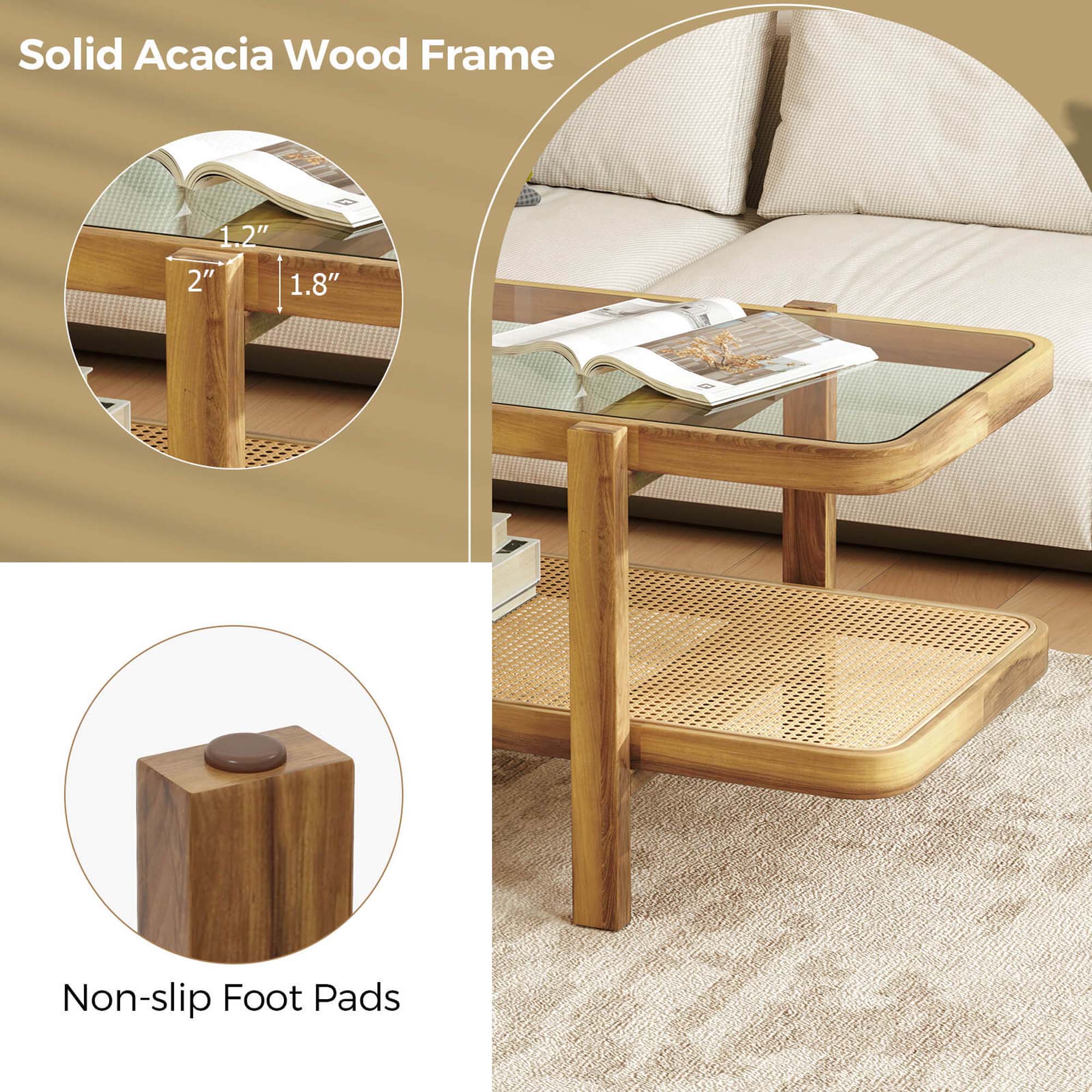 Solid Acacia Wood Frame 1.2" 2" 1.8" Non-slip Foot Pads