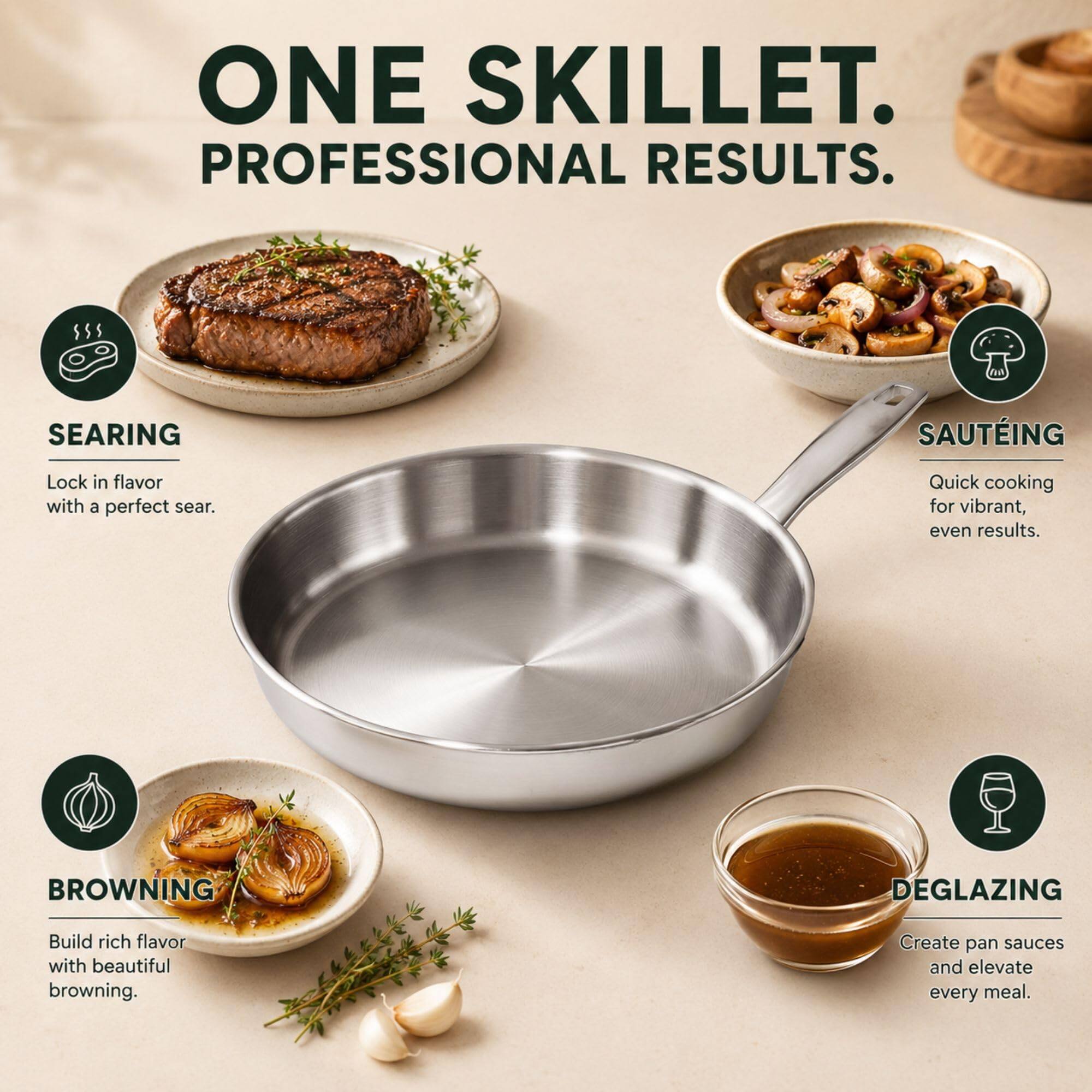 ONE SKILLET. PROFESSIONAL RESULTS.

SEARING
Lock in flavor with a perfect sear.

SAUTÉING
Quick cooking for vibrant, even results.

BROWNING
Build rich flavor with beautiful browning.

DEGLAZING
Create pan sauces and elevate every meal.