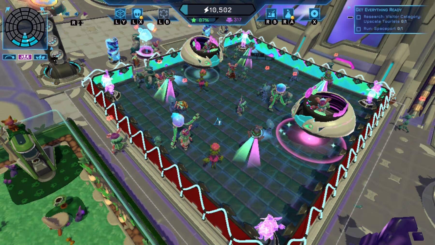 R : a L Y L X L B 10,502 87% 317 x R B R A X GET EVERYTHING READY Research: Visitor Category: Upscale Tourists 0/1 Run: Spaceport 0/1