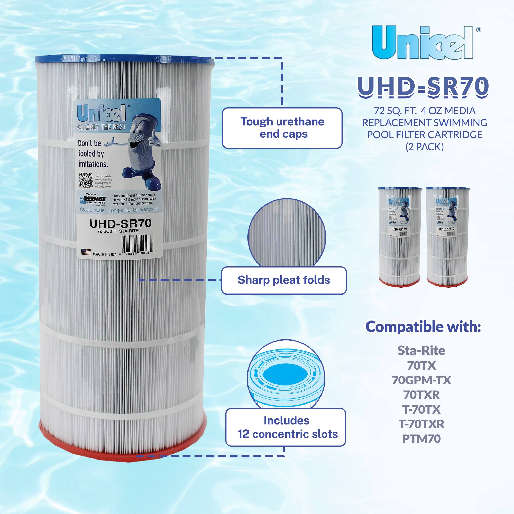 Unicel  
CLEARLY THE BEST  
Don't be fooled by imitations.  

UHD-SR70  
72 SQ. FT. 4 OZ MEDIA  
REPLACEMENT SWIMMING POOL FILTER CARTRIDGE (2 PACK)  

Tough urethane end caps  
Sharp pleat folds  
Includes 12 concentric slots  

Compatible with:  
Sta-Rite  
70TX  
70GPM-TX  
70TXR  
T-70TX  
T-70TXR  
PTM70  

MADE IN THE USA  

REEMAY  
Premium Tri-Lobal Fiber Technology  
Clearer Water. Longer Service. Guaranteed  

UHD-SR70  
72 SQ. FT. 4 OZ MEDIA  
REPLACEMENT SWIMMING POOL FILTER CARTRIDGE (2 PACK)  

Tough urethane end caps  
Sharp pleat folds  
Includes 12 concentric slots  

Compatible with:  
Sta-Rite  
70TX  
70GPM-TX  
70TXR  
T-70TX  
T-70TXR  
PTM70  

MADE IN THE USA