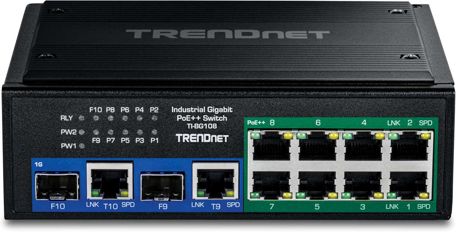 TRENDNET 1G RLY PW2 PW1 F10 P8 F9 P7 P6 P5 P4 P3 P2 Industrial Gigabit PoE++ Switch PoE++ 8 TI-BG108 P1 TRENDNET 6 4 LNK 2 SPD 1me F10 LNK T10 SPD F9 LNK T9 SPD 7 5 3 LNK 1 SPD