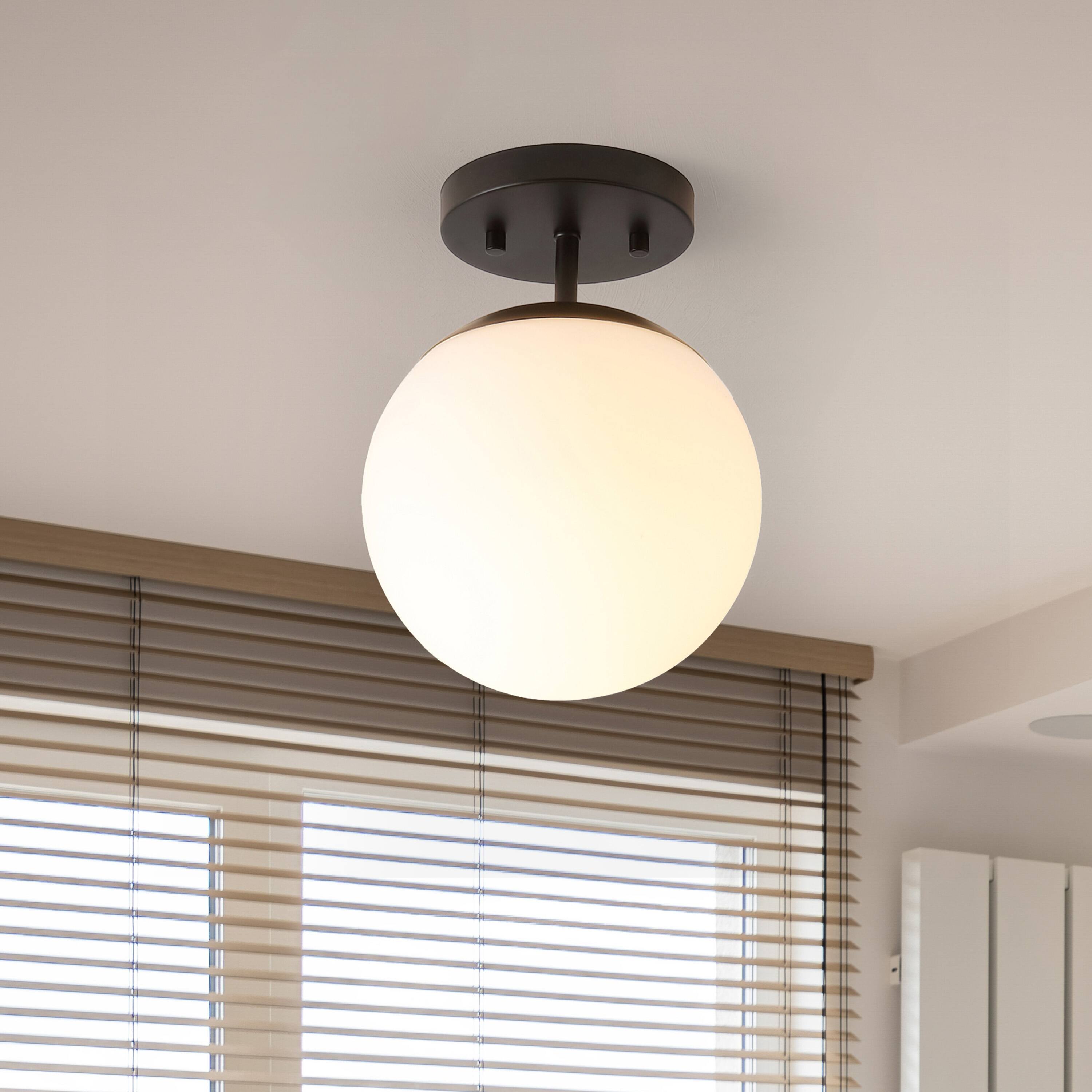 Alt View 1. Jonathan Y - Marcel Bistro 7.75" 1-Light Bohemian Farmhouse Iron/Frosted Glass LED Semi Flush Mount, Black/White - Black/White.