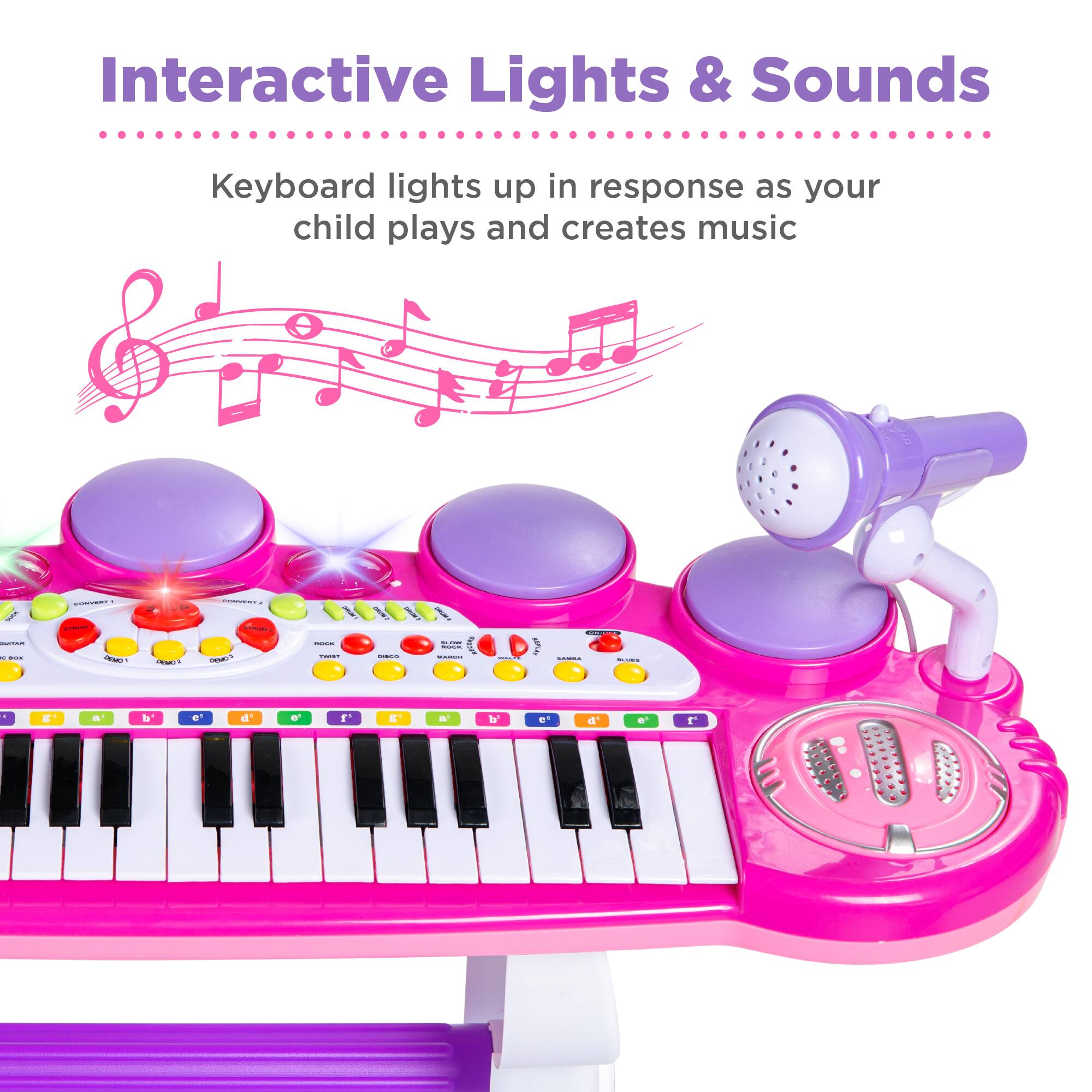 Interactive Lights & Sounds

Keyboard lights up in response as your child plays and creates music