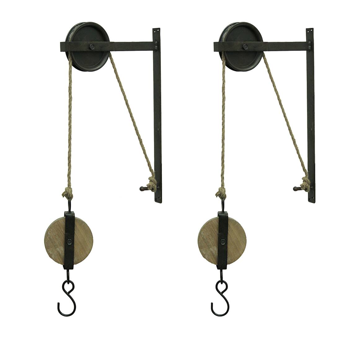 Front. Zeckos - Pair of Rustic Vintage Style Metal and Wood Pulleys and Hooks Wall Hanging - Black.