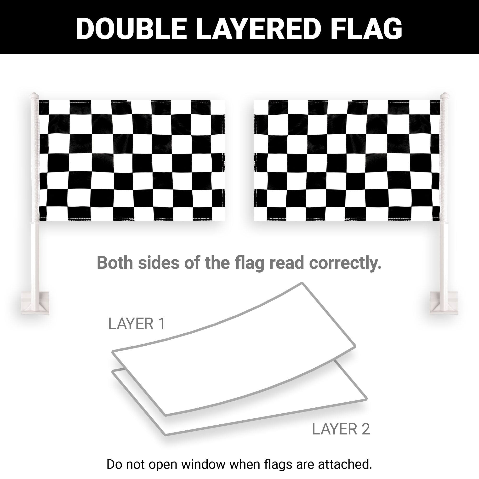 DOUBLE LAYERED FLAG  
Both sides of the flag read correctly.  

LAYER 1  
LAYER 2  

Do not open window when flags are attached.