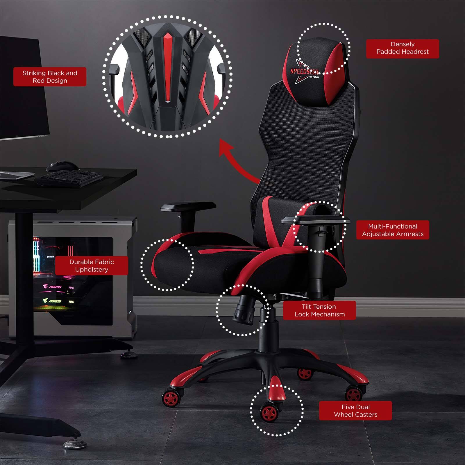 - Striking Black and Red Design
- Densely Padded Headrest
- Multi-Functional Adjustable Armrests
- Durable Fabric Upholstery
- Tilt Tension Lock Mechanism
- Five Dual Wheel Casters