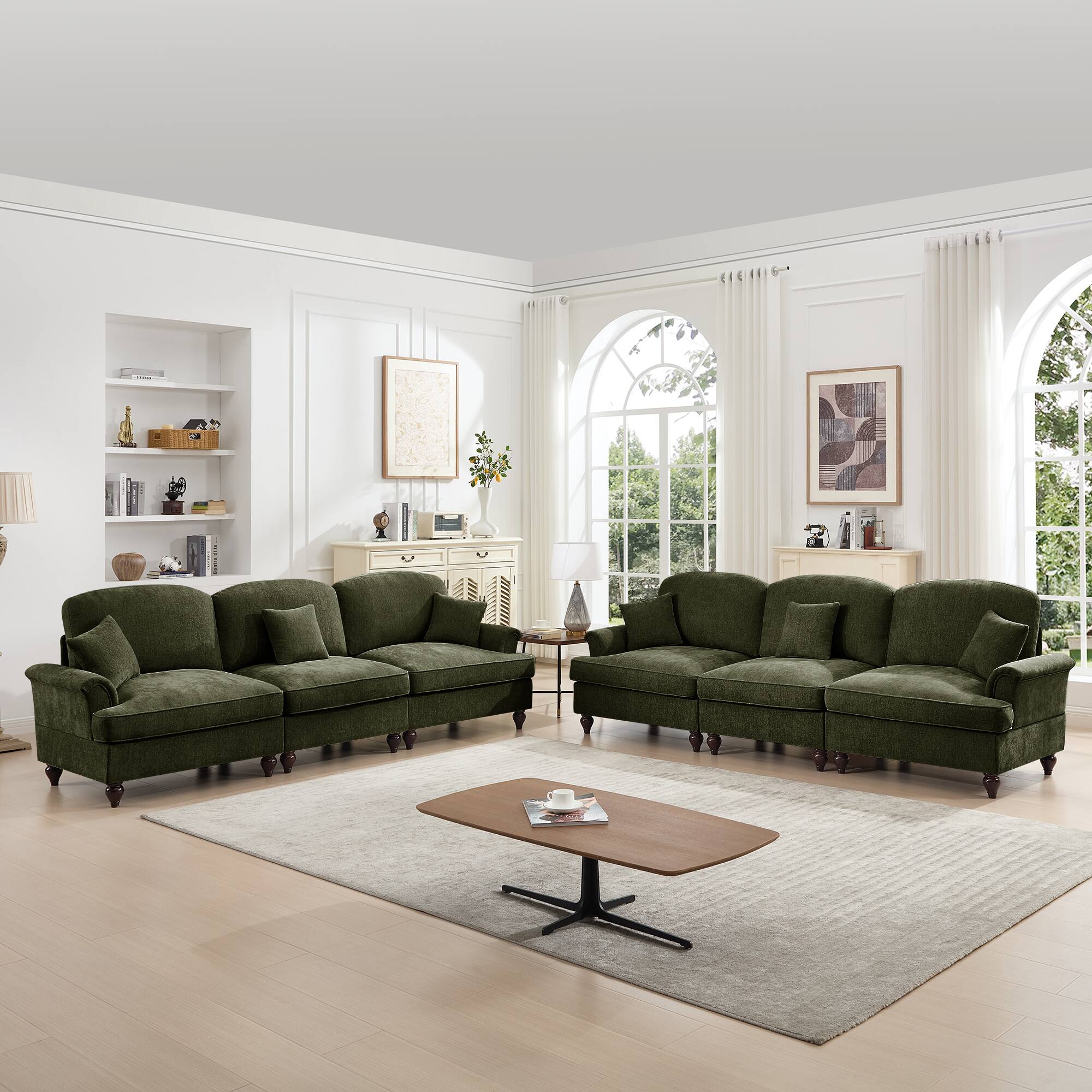Angle. Anysun - Classic 2-Piece Chenille Sofa Set (3+3 Seat Sofa) - Flared Arms, Ruffled Skirt & Spindle Legs - Green.