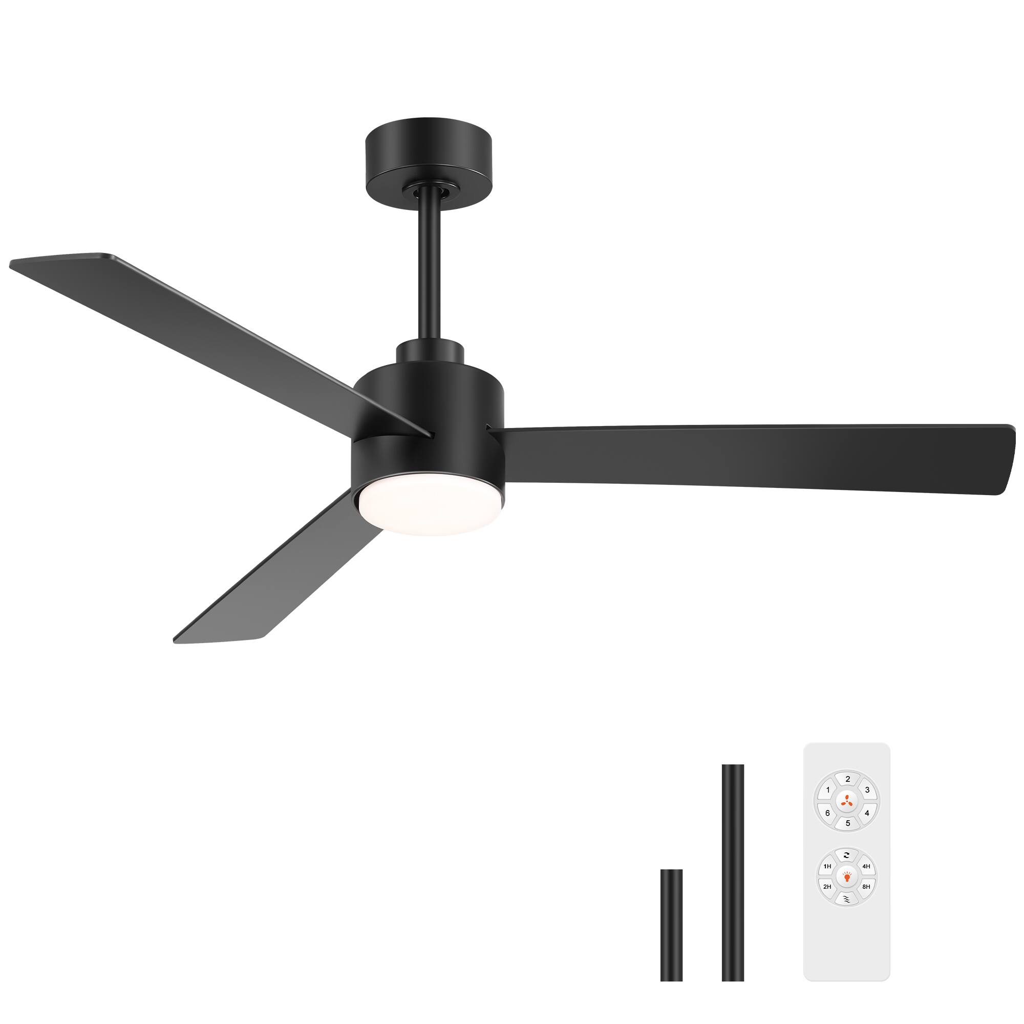 Angle. Breezary - 52" Indoor Ceiling Fan, 3 Plywood Blades, 6-Speed DC Motor, Remote & Timer, 5" & 10" Downrods, LED Light/No Light Option - Black (With Light).