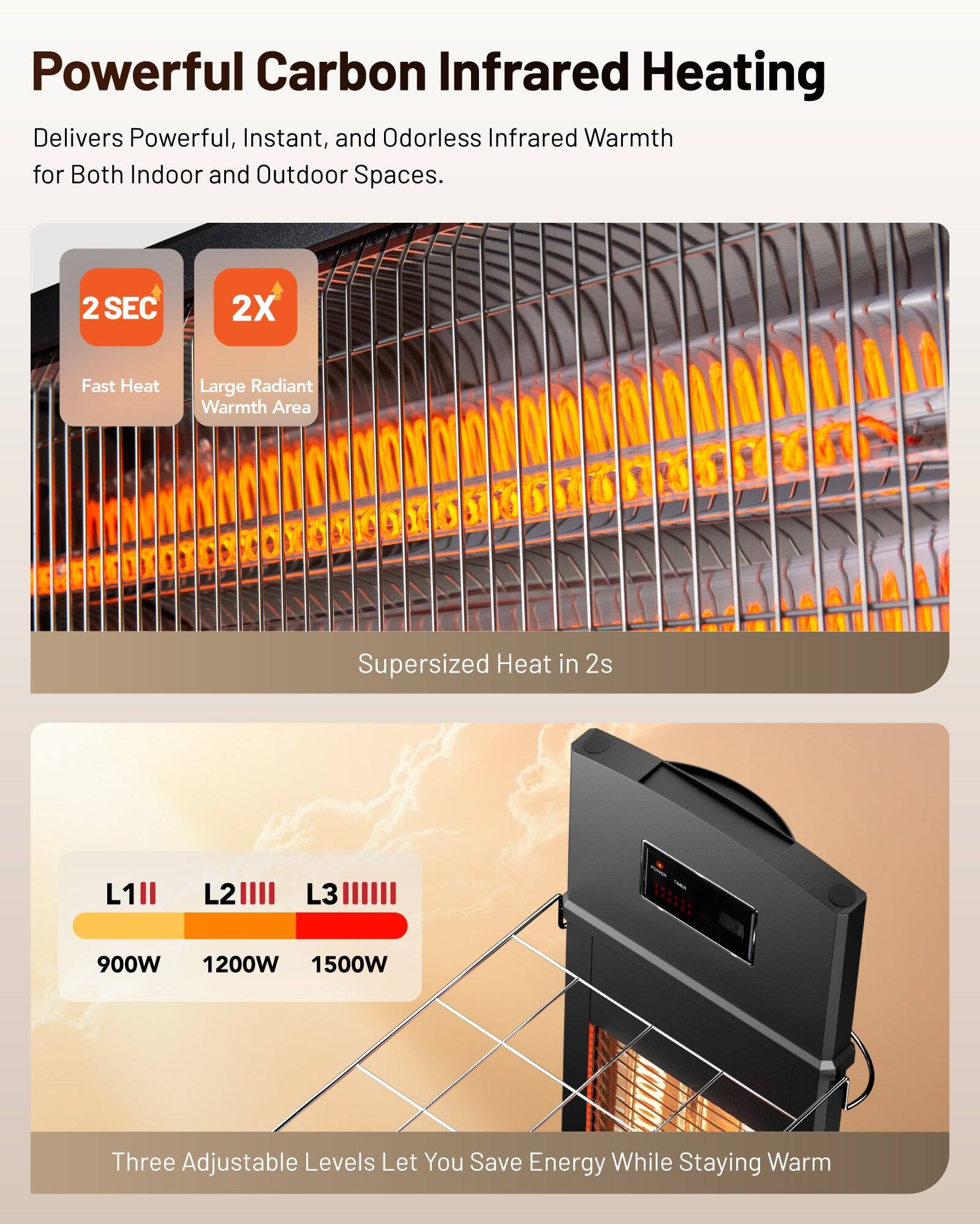 Powerful Carbon Infrared Heating  
Delivers Powerful, Instant, and Odorless Infrared Warmth for Both Indoor and Outdoor Spaces.

- 2 SEC Fast Heat
- 2X Large Radiant Warmth Area
- Supersized Heat in 2s

L1 900W  
L2 1200W  
L3 1500W

Three Adjustable Levels Let You Save Energy While Staying Warm