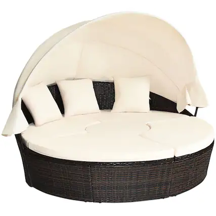 Front. Costway - Patio Rattan Daybed Cushioned Sofa Adjustable Table Top Canopy 3 Pillows - Brown + White.