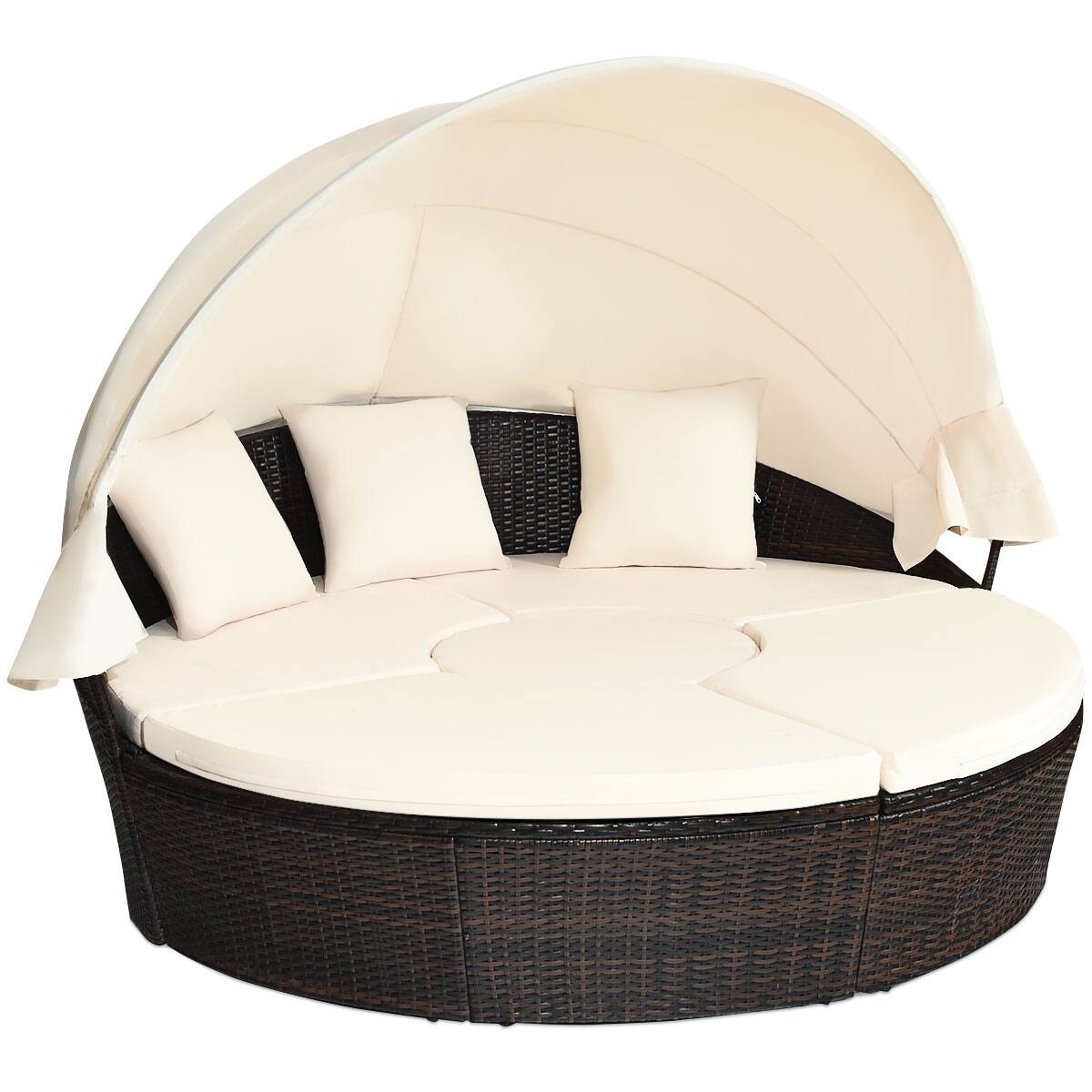 Costway - Patio Rattan Daybed Cushioned Sofa Adjustable Table Top Canopy 3 Pillows - Brown + White