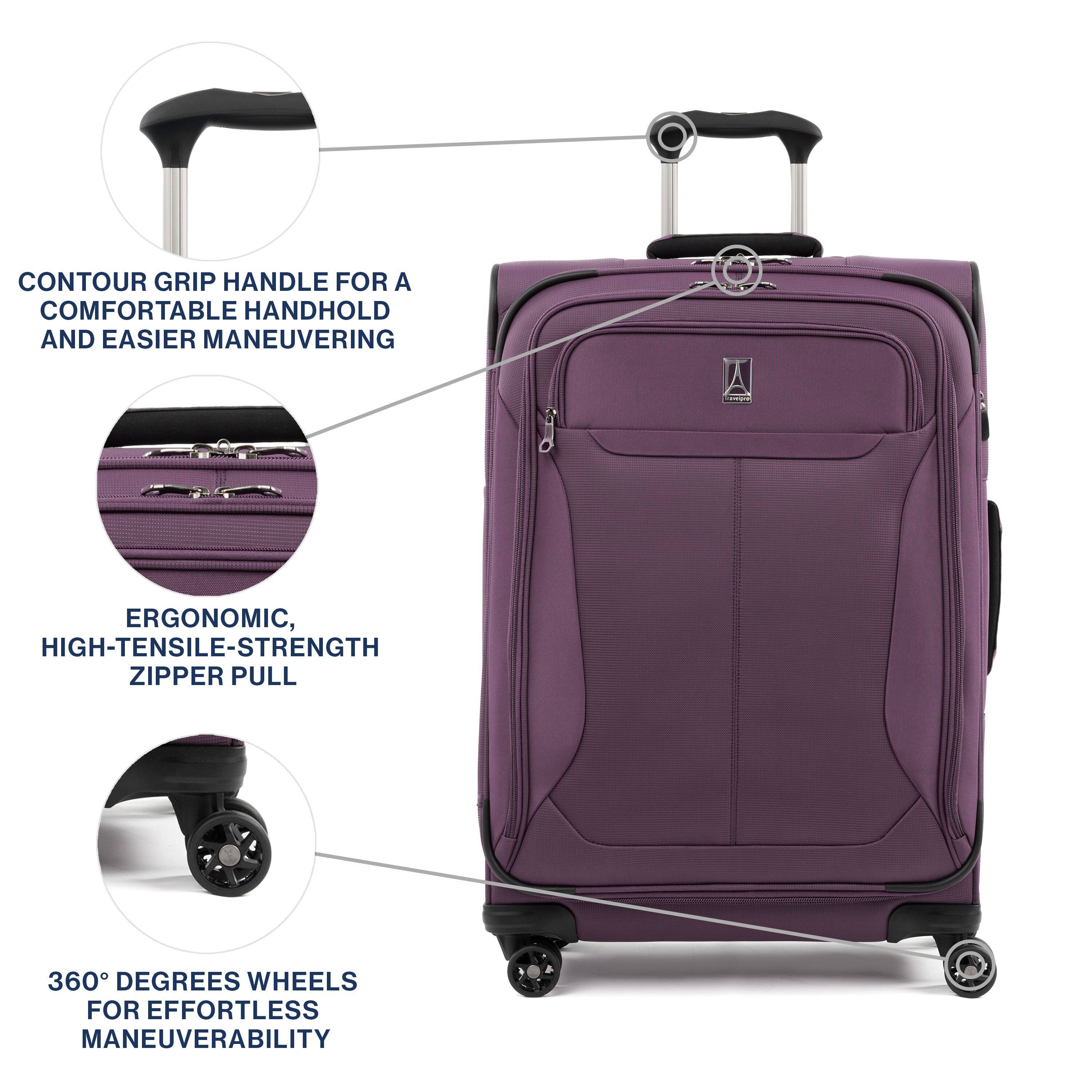 CONTOUR GRIP HANDLE FOR A COMFORTABLE HANDHOLD AND EASIER MANEUVERING  
ERGONOMIC, HIGH-TENSILE-STRENGTH ZIPPER PULL  
360° DEGREES WHEELS FOR EFFORTLESS MANEUVERABILITY