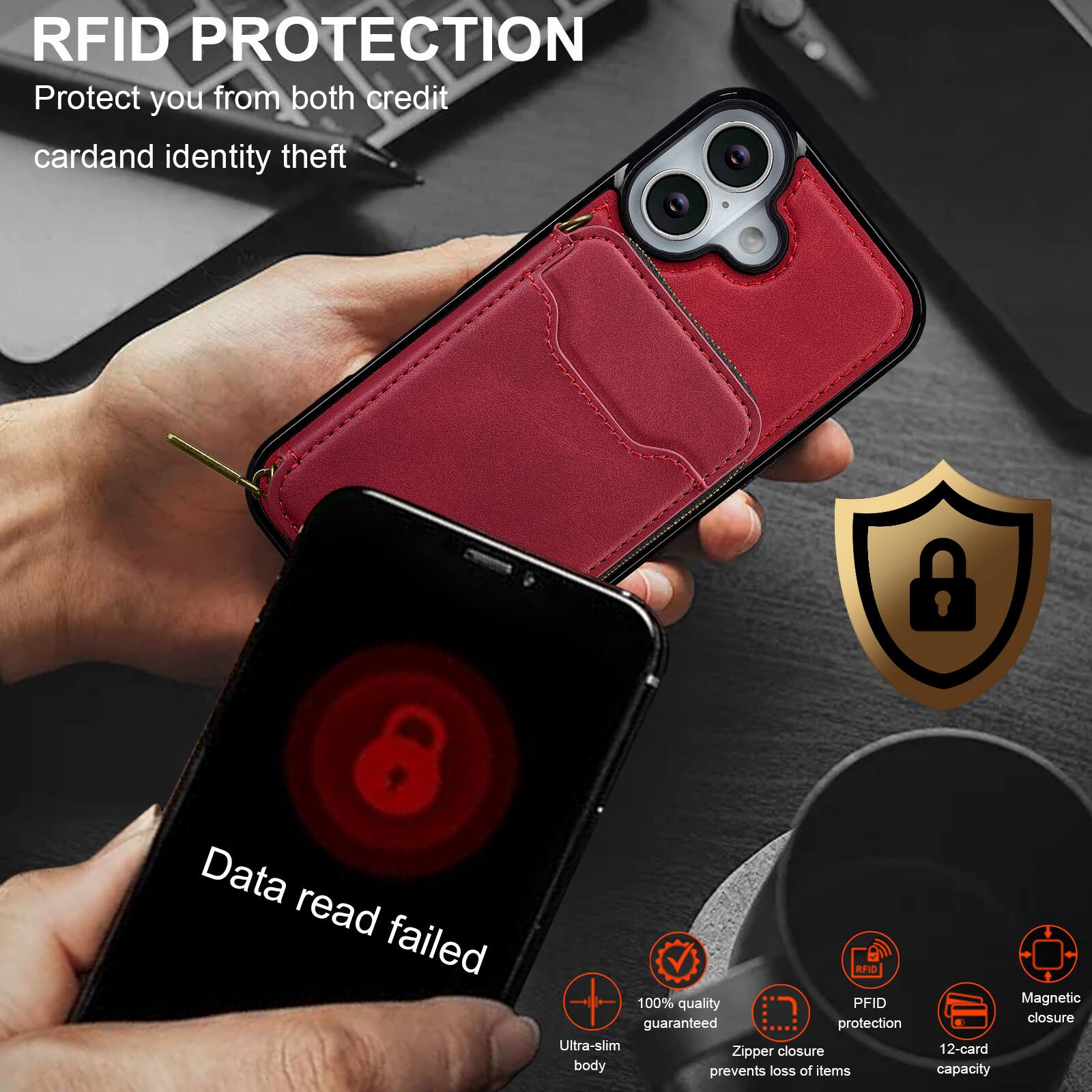 RFID PROTECTION  
Protect you from both credit card and identity theft  

Data read failed  

100% quality guaranteed protection  
Ultra-slim closure  
Zipper body prevents loss of items  
Magnetic closure  
12-card capacity  

RFID PROTECTION  
Protect you from both credit card and identity theft