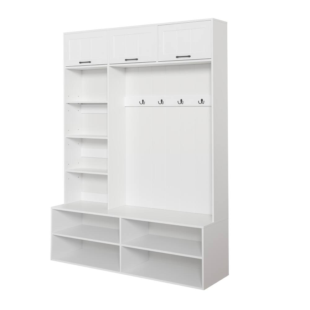 Alt View 3. Loheer - Loheer Farmhouse Hall Tree with Bench, White Entryway Storage Organizer, 76.9 Inch Height - White.