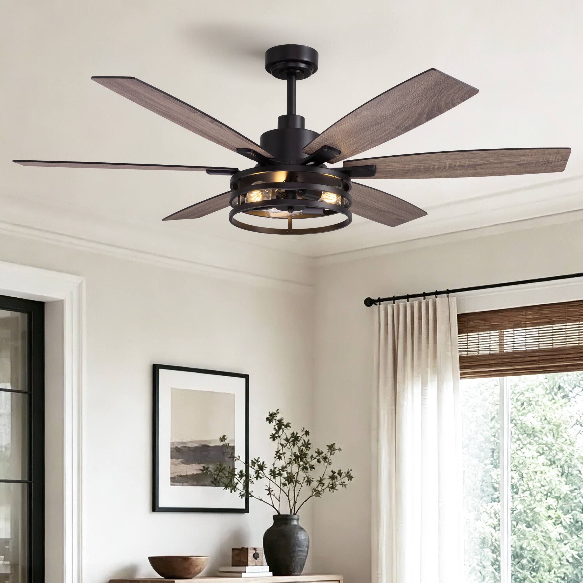 Angle. Siljoy - 60-Inch Matte Black Farmhouse Cage Ceiling Fan with Light 6 Big Dual Color Blades for Living Room Bedroom Kitchen Patio - Black.