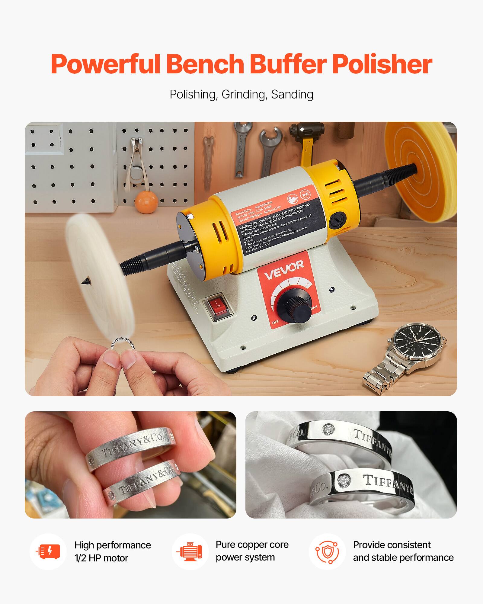 Powerful Bench Buffer Polisher  
Polishing, Grinding, Sanding

ModeCopps 2,274 HOF Motor: b28P AND UNDERSTARIO Bench Butter BACK NO METOOL ACTION Speed 1000pm OWN.METENDAD POLICIO - PORYOUR FOR NYOU PACT HAMING unt proteiner AND INSTRUCTO produp - rior WITH MAN Photos VEVOR OFF

TIFFANY&Co. TOTANY&C TIFFANTE TIFFANY

High performance 1/2 HP motor  
Pure copper core power system  
Provide consistent and stable performance