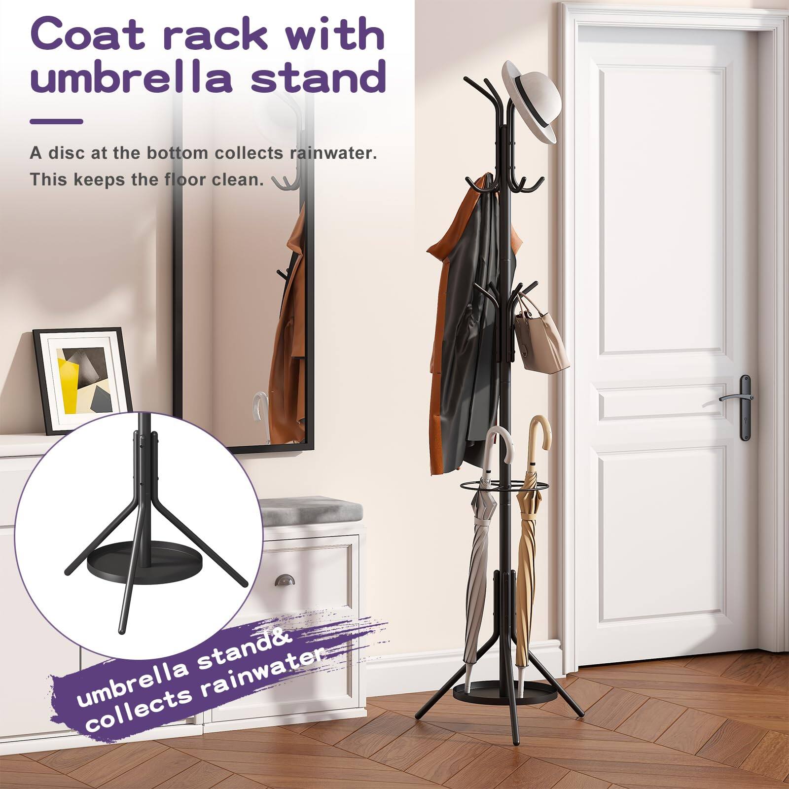 Coat rack with umbrella stand

A disc at the bottom collects rainwater. This keeps the floor clean.

umbrella stand & collects rainwater