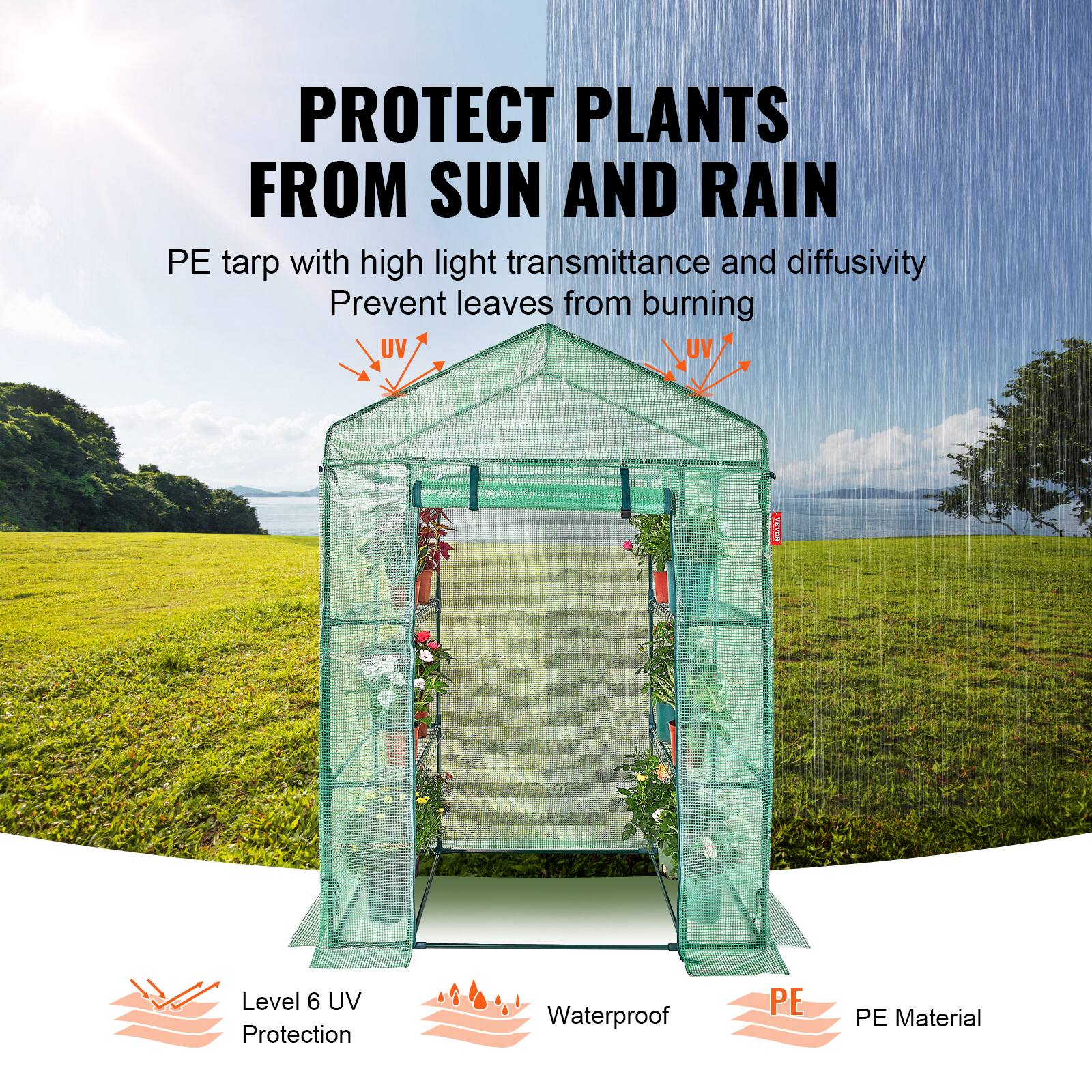 PROTECT PLANTS FROM SUN AND RAIN
PE tarp with high light transmittance and diffusivity
Prevent leaves from burning
UV
UV
Level 6 UV Protection
Waterproof
PE
PE Material