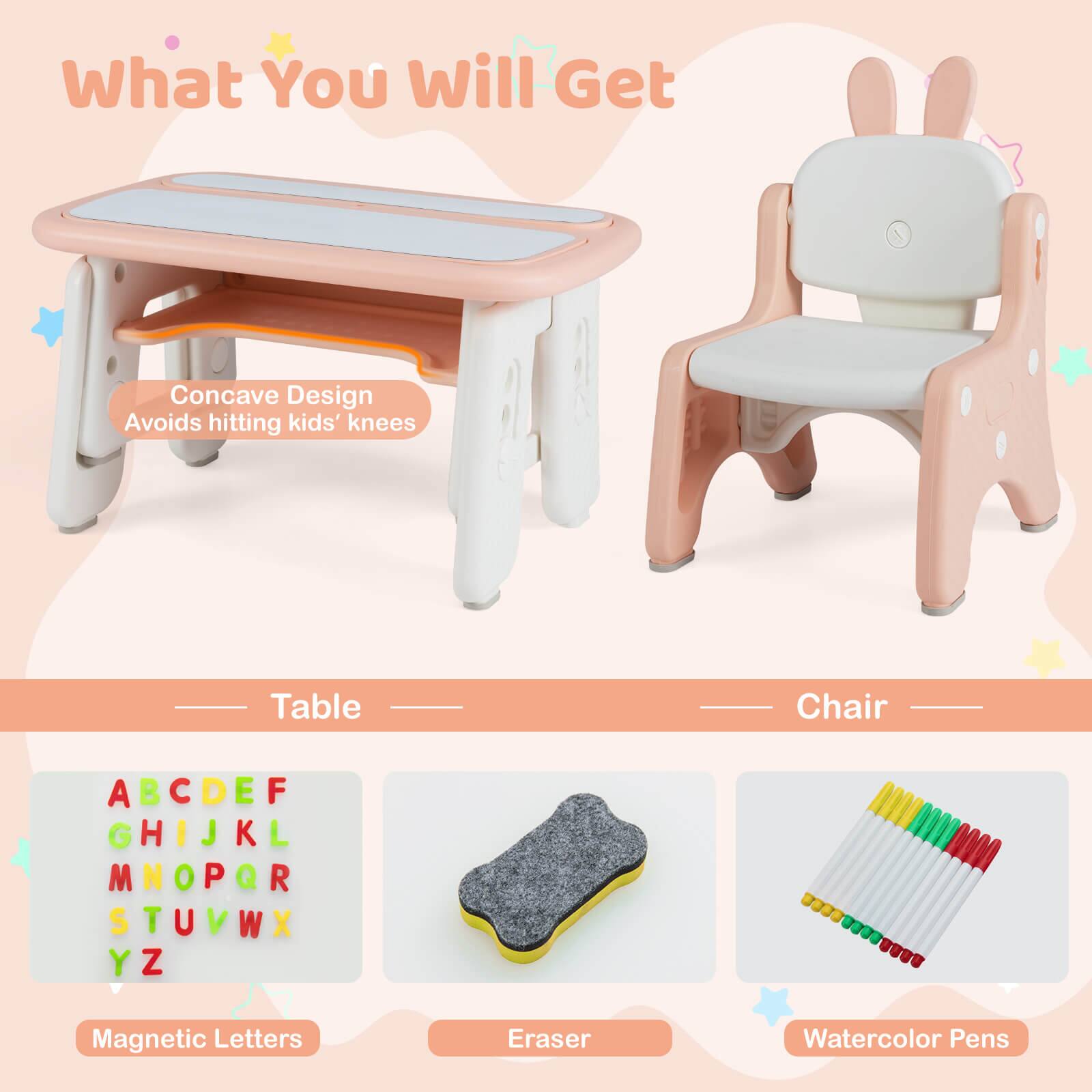 What You Will Get

Concave Design  
Avoids hitting kids' knees

Table  
- Magnetic Letters  
  ABCDEF  
  GHIJKL  
  MNOPQR  
  STUVWX  
  YZ  

- Eraser  

Chair  
- Watercolor Pens