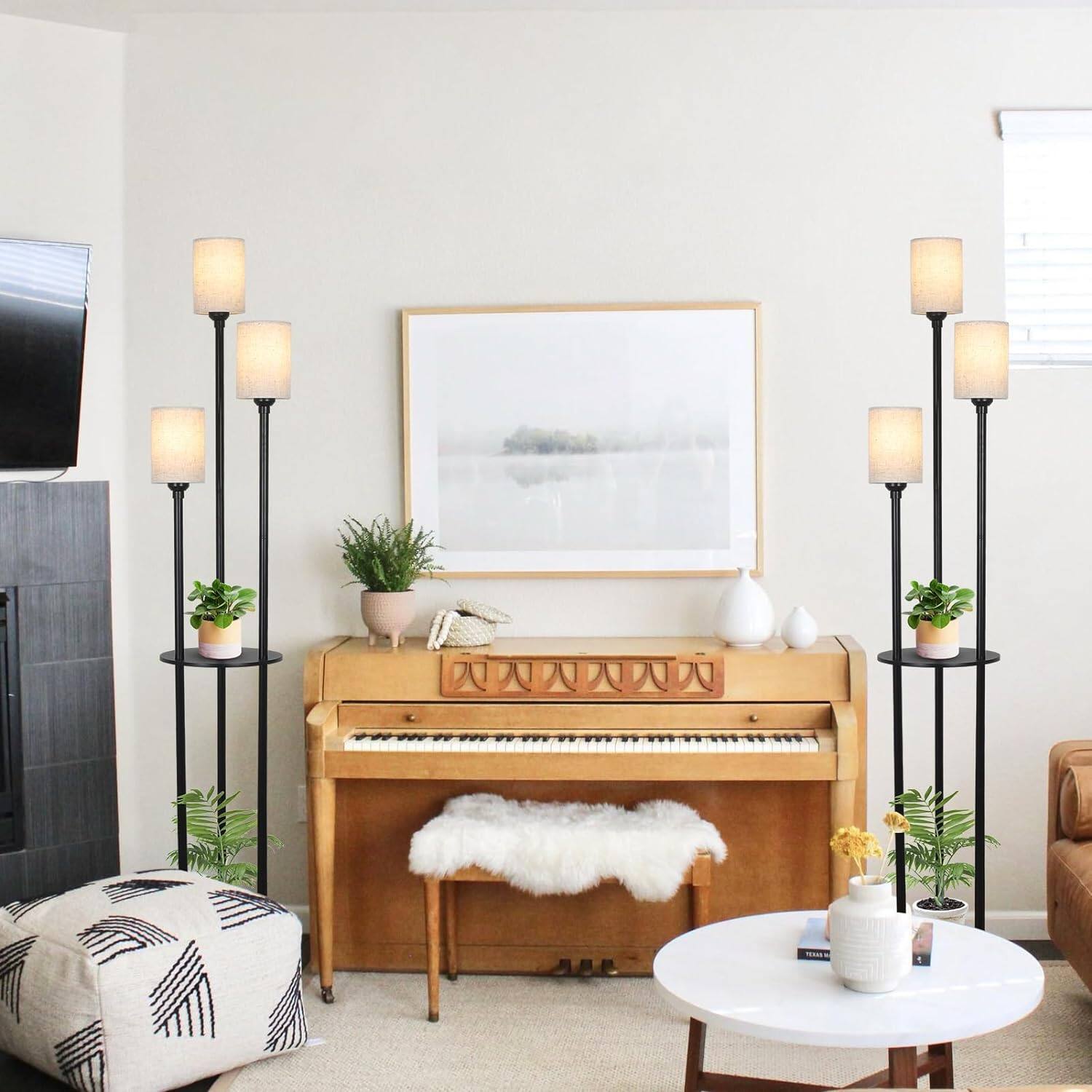 Alt View 8. Ecooso - Floor Lamp with Shelves, 3-Lights Standing Lamp with Linen Shade and Foot Switch for Living Room and Bedroom - Brown & Black.