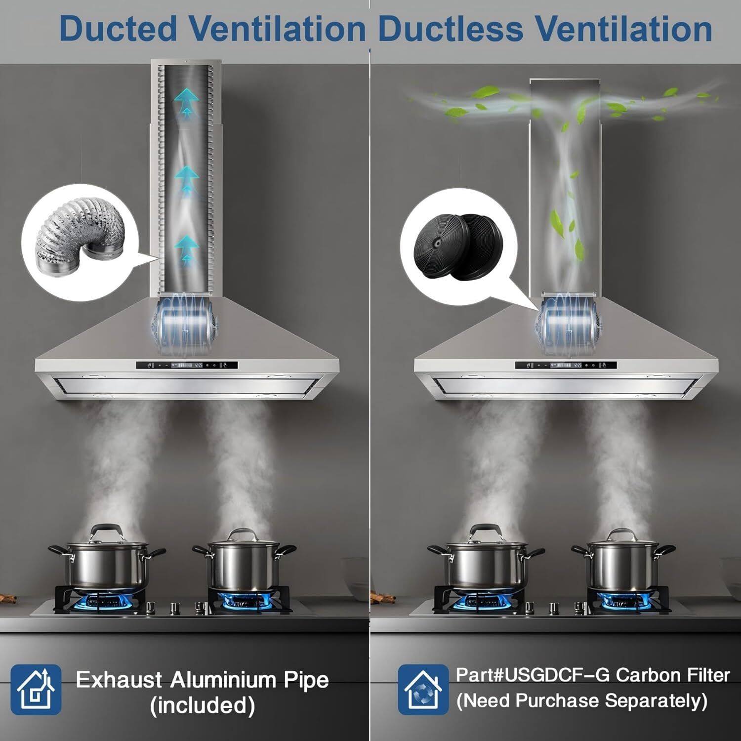 Ducted Ventilation  
Ductless Ventilation  

Exhaust Aluminium Pipe (included)  

Part#USGDCF-G Carbon Filter (Need Purchase Separately)