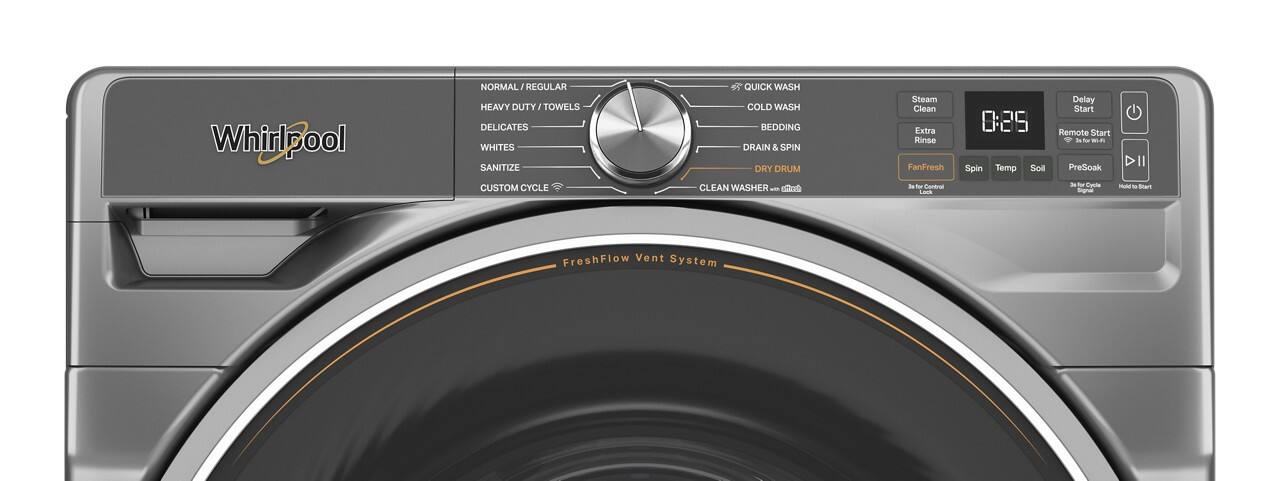 Whirlpool NORMAL 1 REGULAR HEAVY DUTY TOWELS DELICATES WHITES SANITIZE QUICK WASH COLD WASH BEDDING DRAIN & SPIN DRY DRUM Steam Clean Extra Rinse FanFresh Delay Start 0:89 Remote Start t wun Spin Temp Soil PreSoak DIY CUSTOM CYCLE CLEAN WASHER dna . - Control List d t Cart - How to Start FreshFlow Vent System