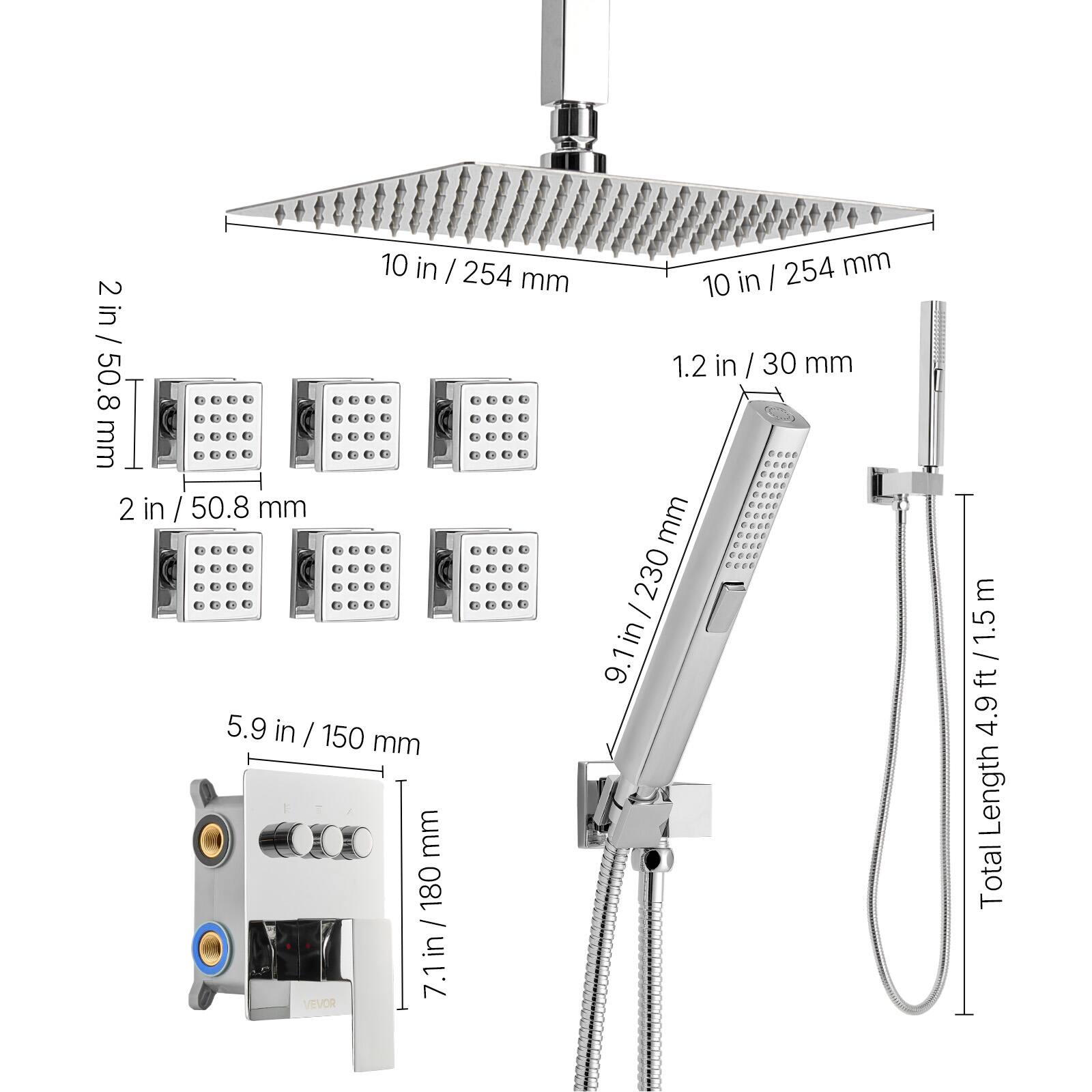 - 10 in / 254 mm
- 2 in / 50.8 mm
- 1.2 in / 30 mm
- 5.9 in / 150 mm
- 7.1 in / 180 mm
- 9.1 in / 230 mm
- Total Length 4.9 ft / 1.5 m