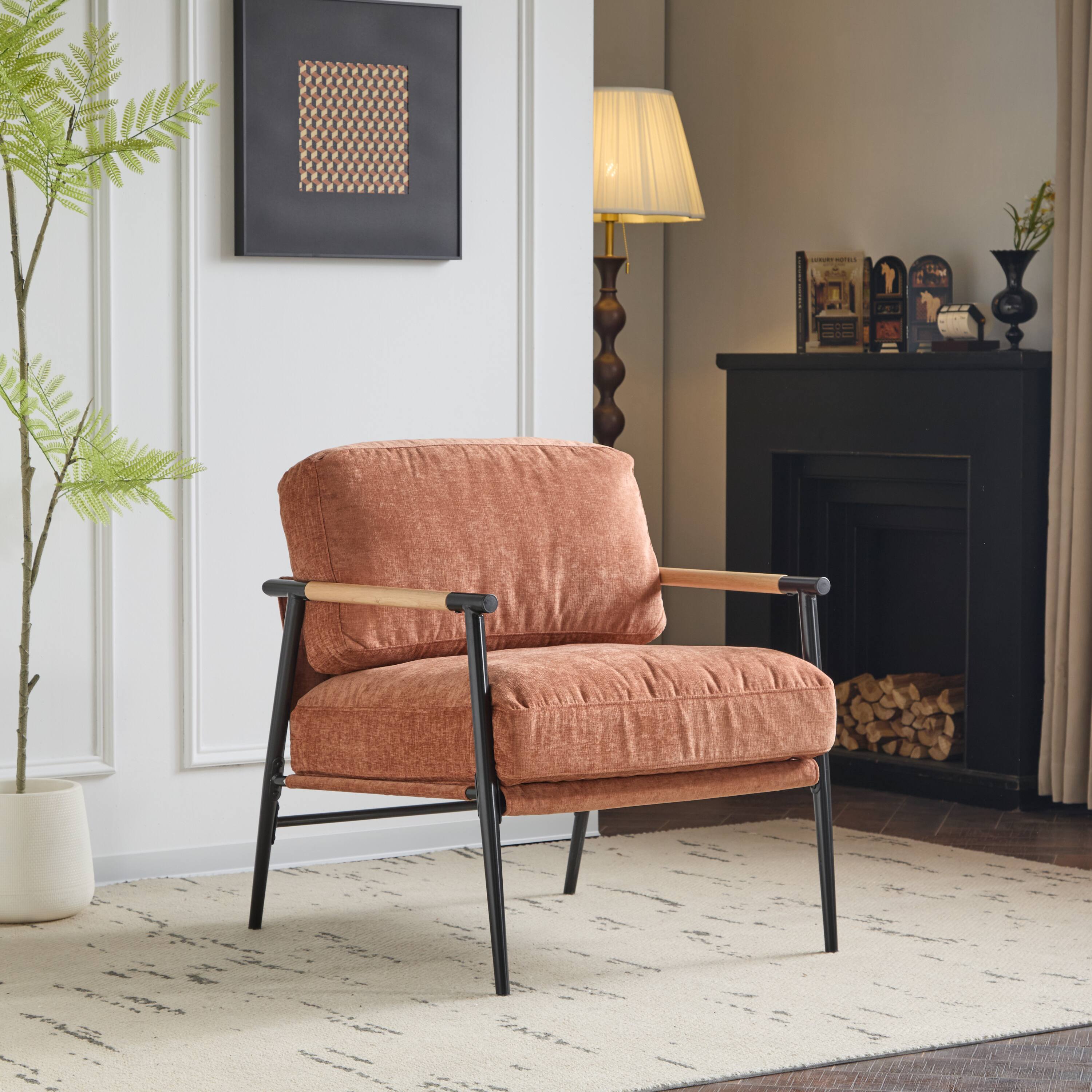 Front. APRILSOUL - Modern Accent Chair with Plush Cushions Metal Frame and Wooden Armrest Design for Cozy Living Room Bedroom - Orange.