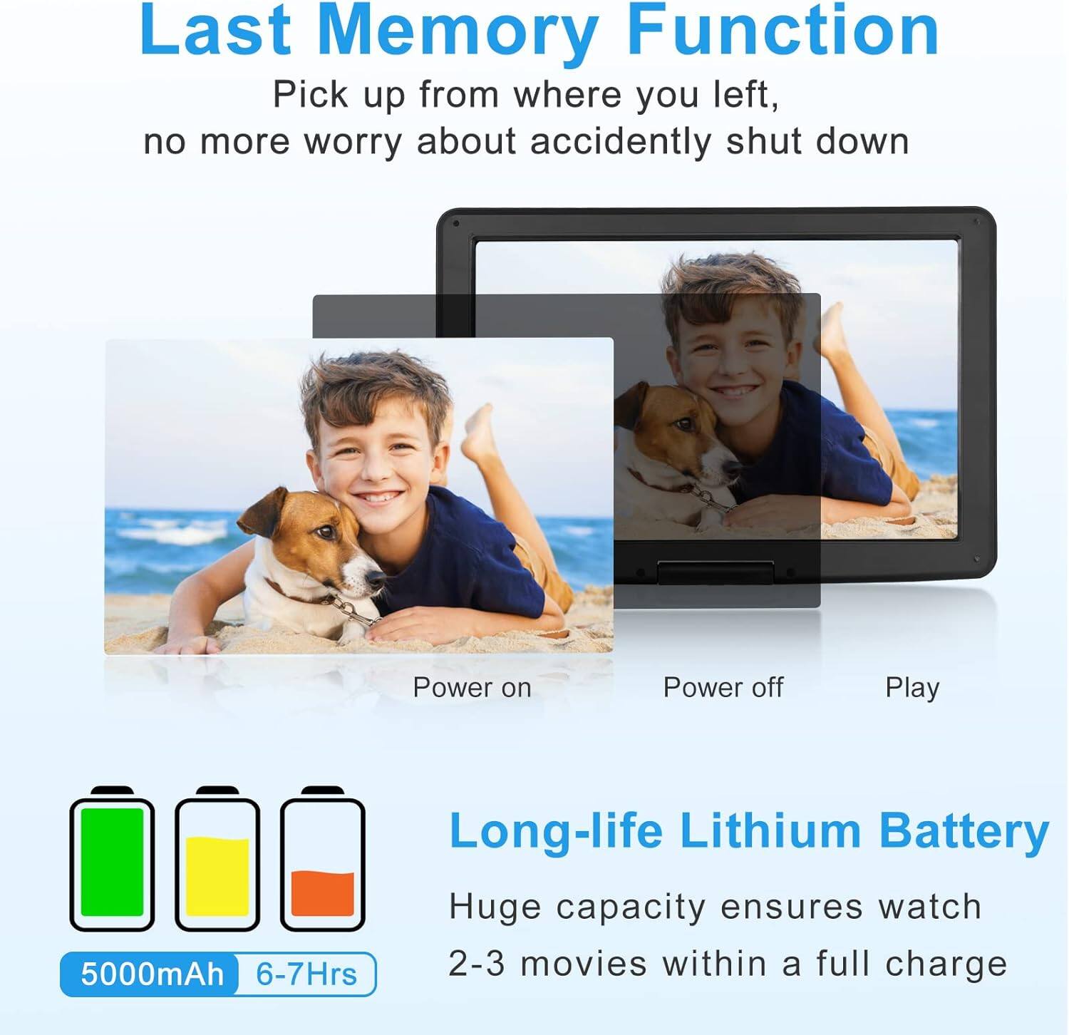 **Last Memory Function**  
Pick up from where you left, no more worry about accidentally shut down  

**Power on**  
**Power off**  
**Play**  

**Long-life Lithium Battery**  
Huge capacity ensures watch 2-3 movies within a full charge  

**5000mAh**  
**6-7Hrs**