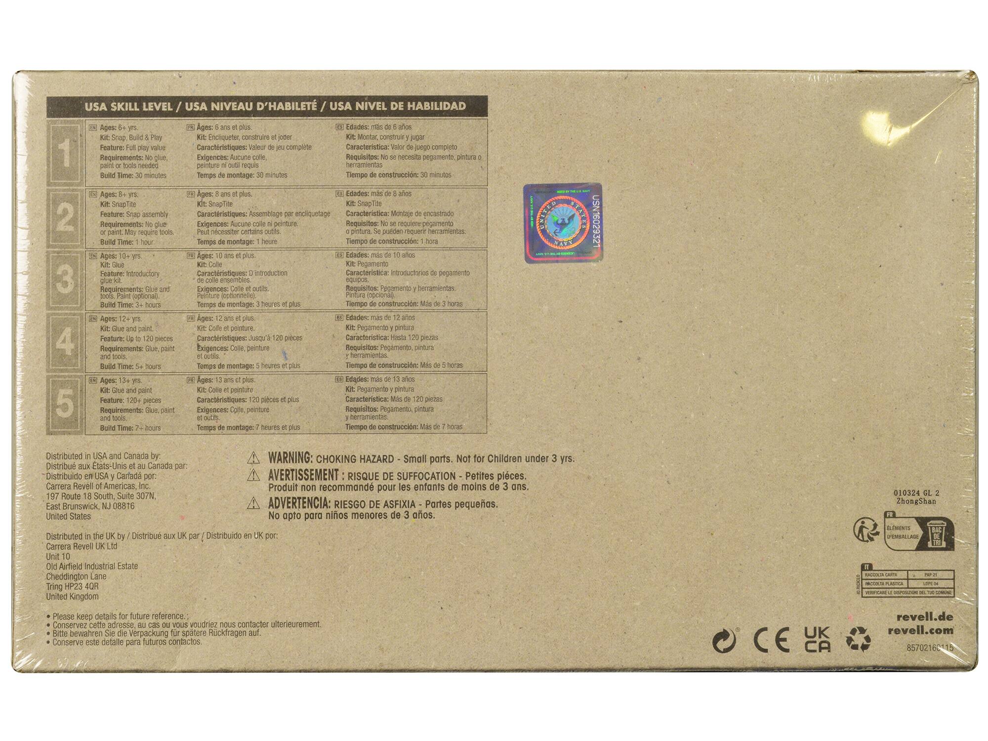 USA SKILL LEVEL / USA NIVEAU D'HABILETÉ / USA NIVEL DE HABILIDAD

1. Ages: 6-8 yrs.
   Kit: SnapTite, Build & Play
   Feature: Full play value
   Requirements: No glue, paint or tools needed
   Build Time: 30 minutes
   Características: Valor de juego completo
   Requisitos: No se necesita pegamento, pintura o herramientas
   Temps de construction: 30 minutes
   Edades: 6-8 años
   Kit: Montar, construir y jugar
   Características: Montaje y juego completo
   Requisitos: No necesita pegamento, pintura o herramientas
   Tiempo de construcción: 30 minutos

2. Ages: 8-12 yrs.
   Kit: SnapTite
   Feature: Snap assembly
   Requirements: No glue, paint or tools
   Build Time: 1 hour
   Características: Asamblea por enclavamiento
   Requisitos: No se necesita pegamento, pintura o herramientas
   Temps de montage: 1 heure
   Ed