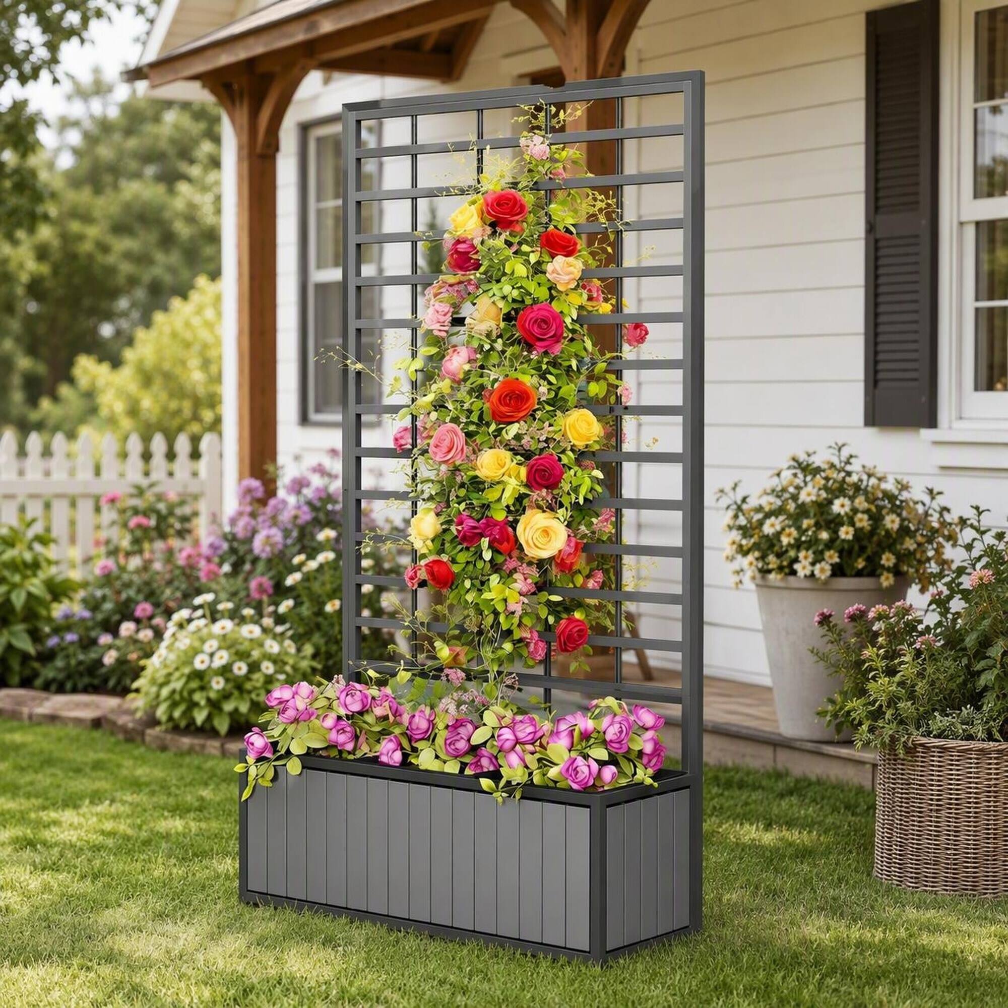 RYHNUYNE Acacia Wood Raised Garden Bed with Trellis for Climbing Plants ...