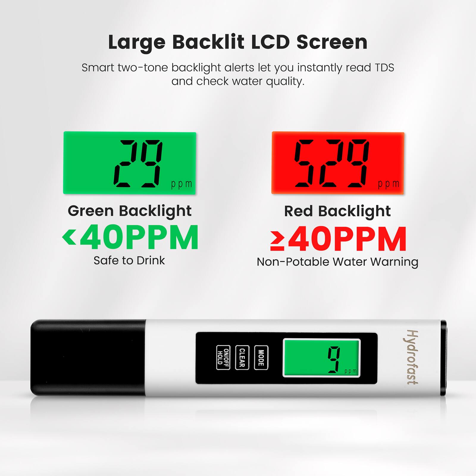 Large Backlit LCD Screen

Smart two-tone backlight alerts let you instantly read TDS and check water quality.

Green Backlight  
29 ppm  
<40 PPM  
Safe to Drink

Red Backlight  
529 ppm  
>40 PPM  
Non-Potable Water Warning

HOLD ON  
OFF  
CLEAR  
MODE

Hydrofast