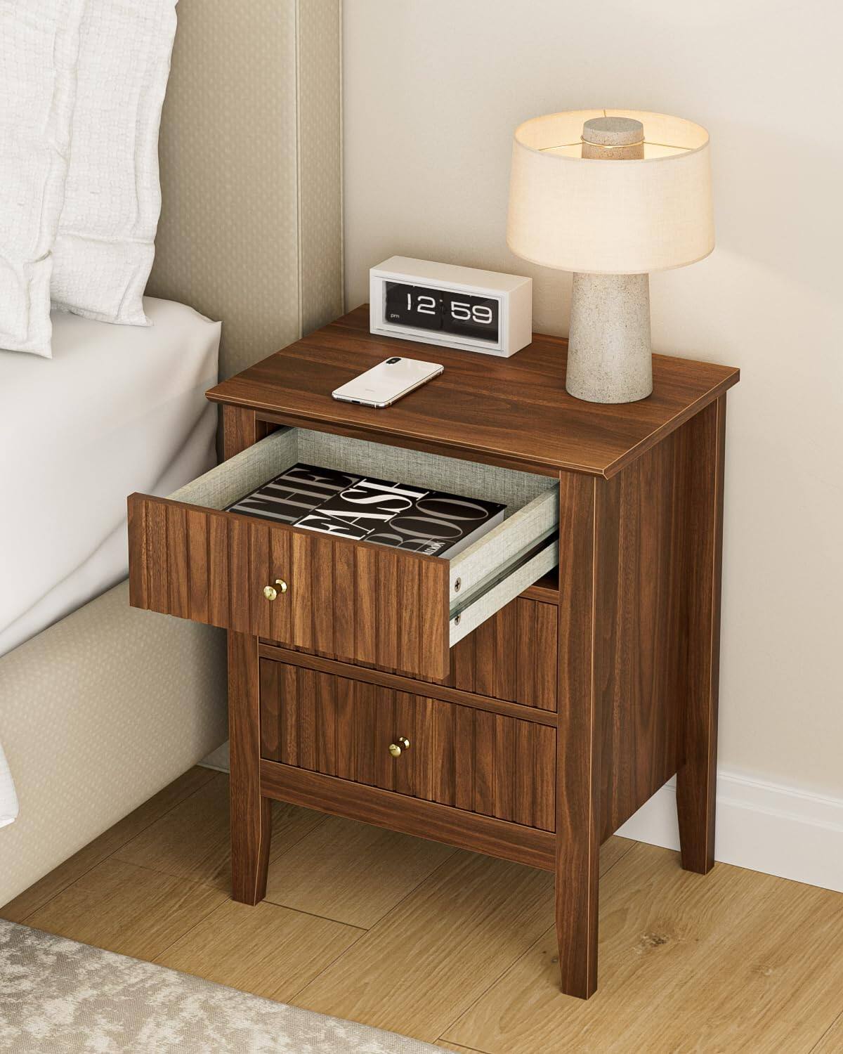Alt View 3. Empire DigiLabs - Night Stand Fluted Nightstand Bedside Tall Farmhouse With 3 Drawers Mid Century Modern Side Accent Table En... - Beige.