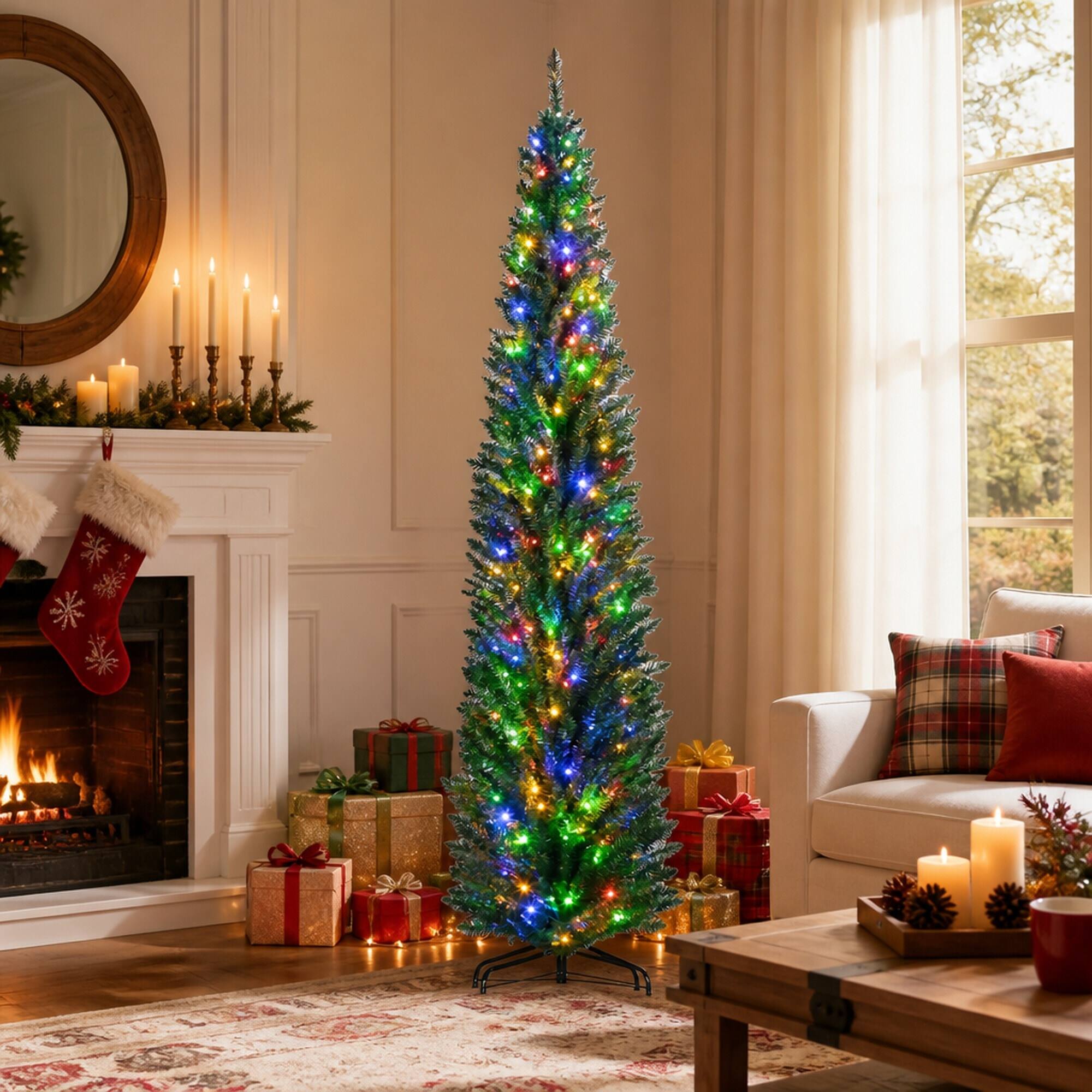 Angle. RYHNUYNE - 8FT Pre-Lit Pencil Christmas Tree With 250 Colorful LED Lights and 668 Branches, Green Steel Base - Green.