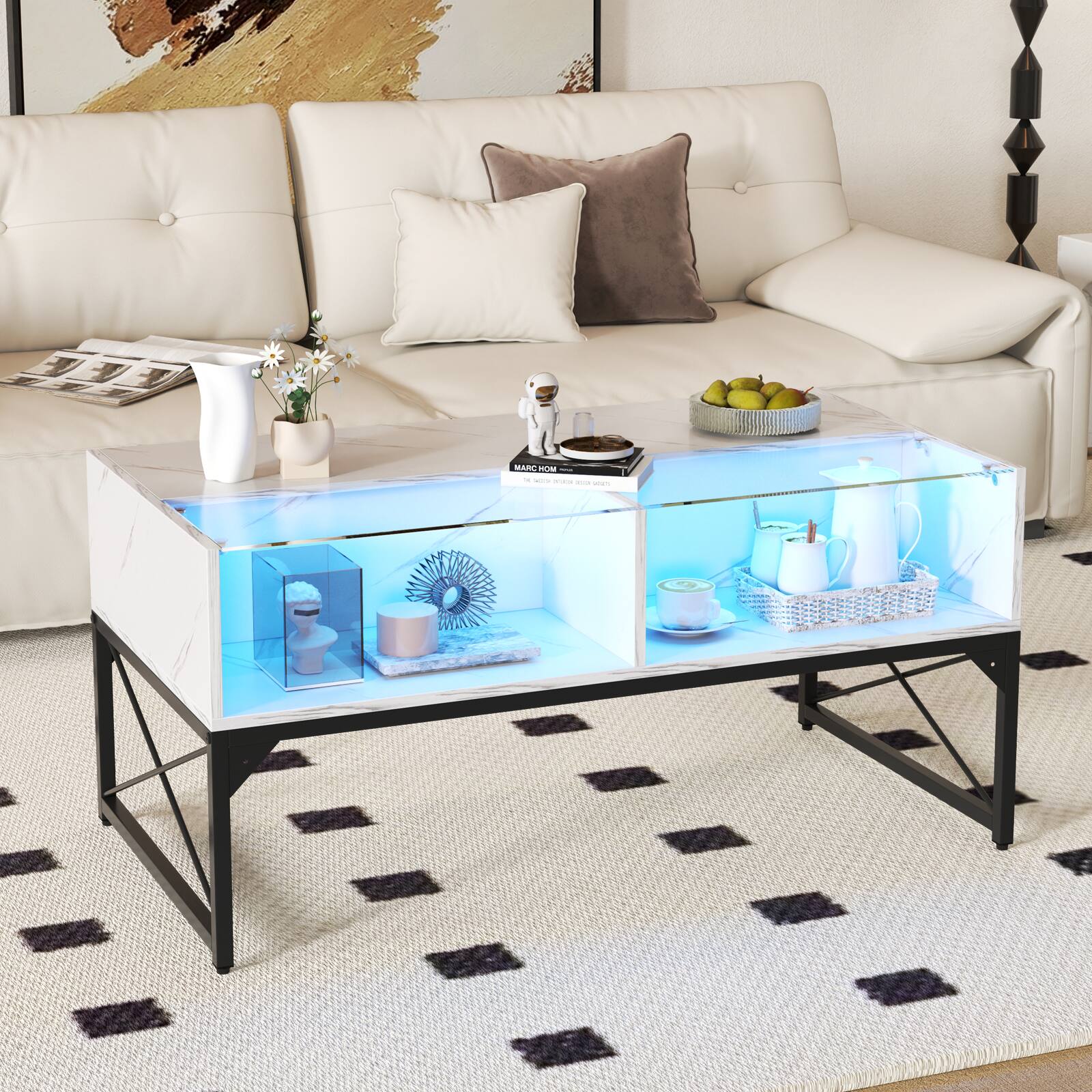 Alt View 1. Costway - Costway LED Coffee Table with 4 Storage Cubes Faux Marble & Tempered Glass Top for Living Room - White.